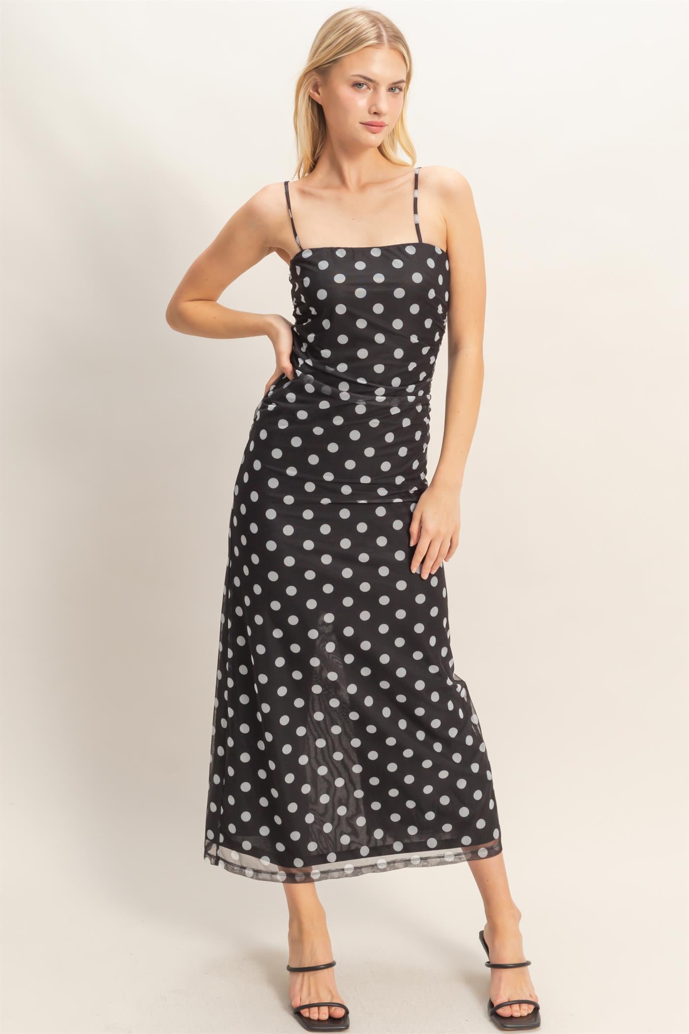Wholesale Strap Polka Dot Midi Dress Dresses HF26A985 BLACK HYFVE