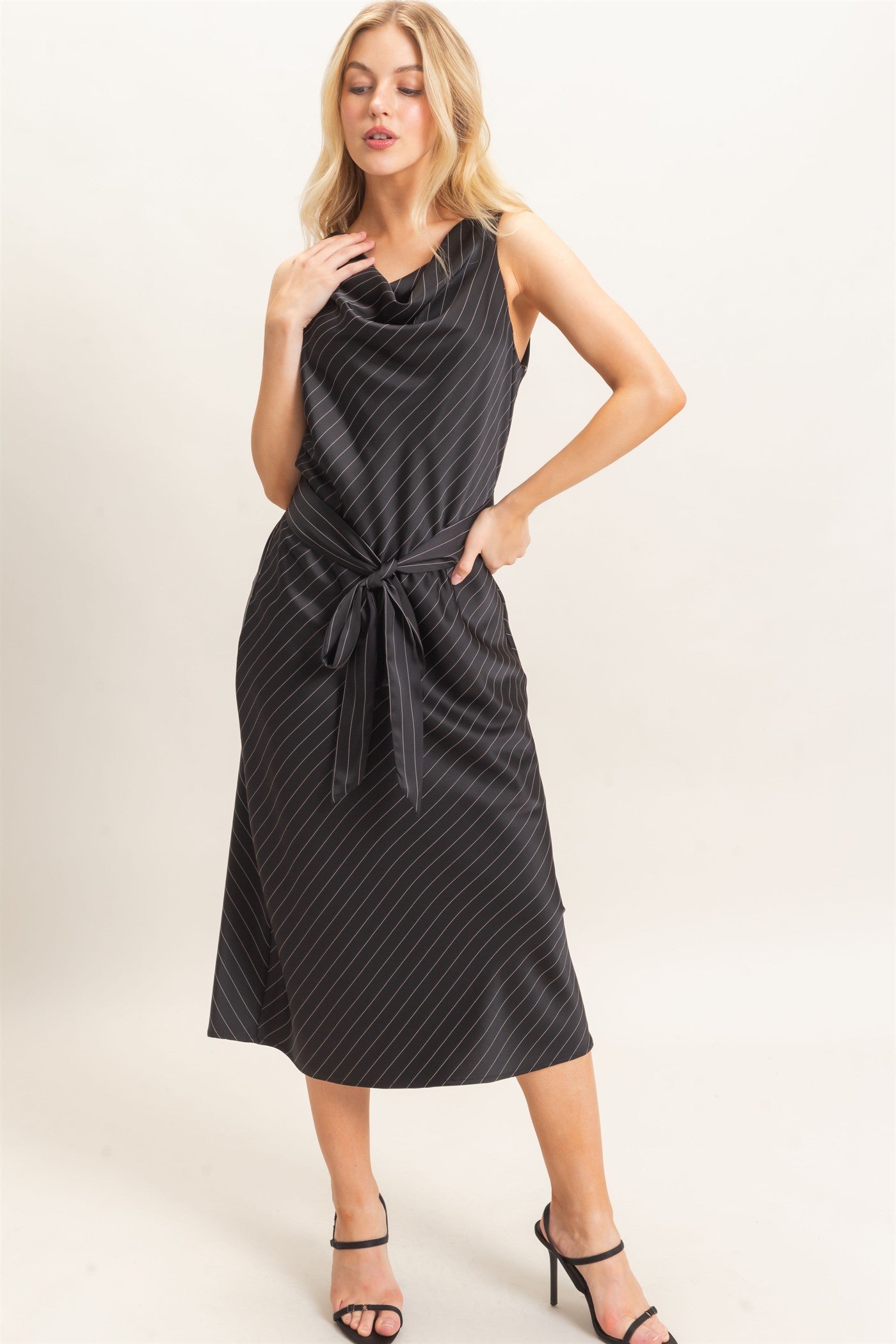 Wholesale Cowl Neck Sleeveless Belted Dress Dresses HF25E739 BLACK HYFVE