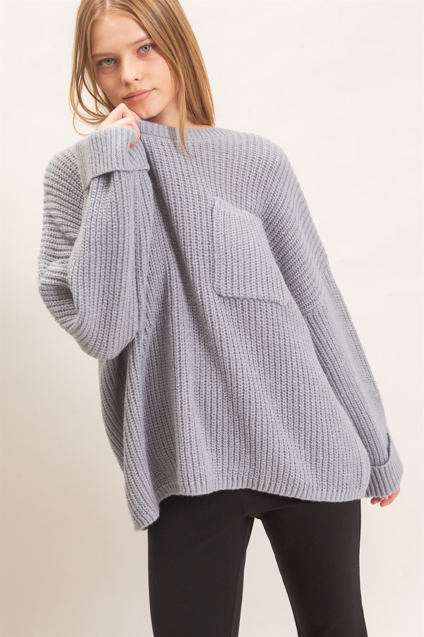 Wholesale Ribbed Knit Patch Pocket Sweater Sweaters HF26F177 H.GRAY HYFVE