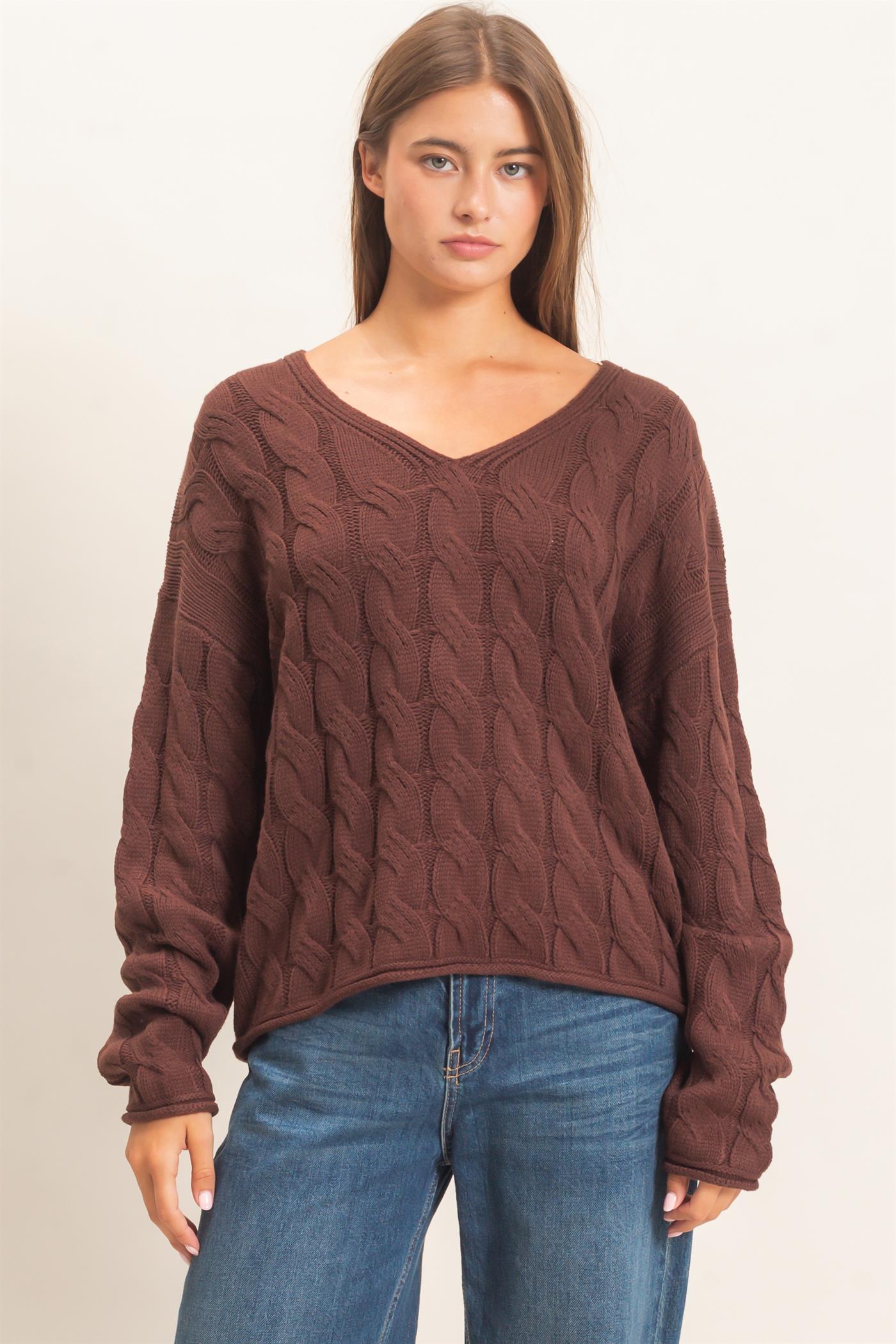 Wholesale Cable Knit V-Neck Sweater Sweaters DZ26E087 DARK BROWN DOUBLE ZERO