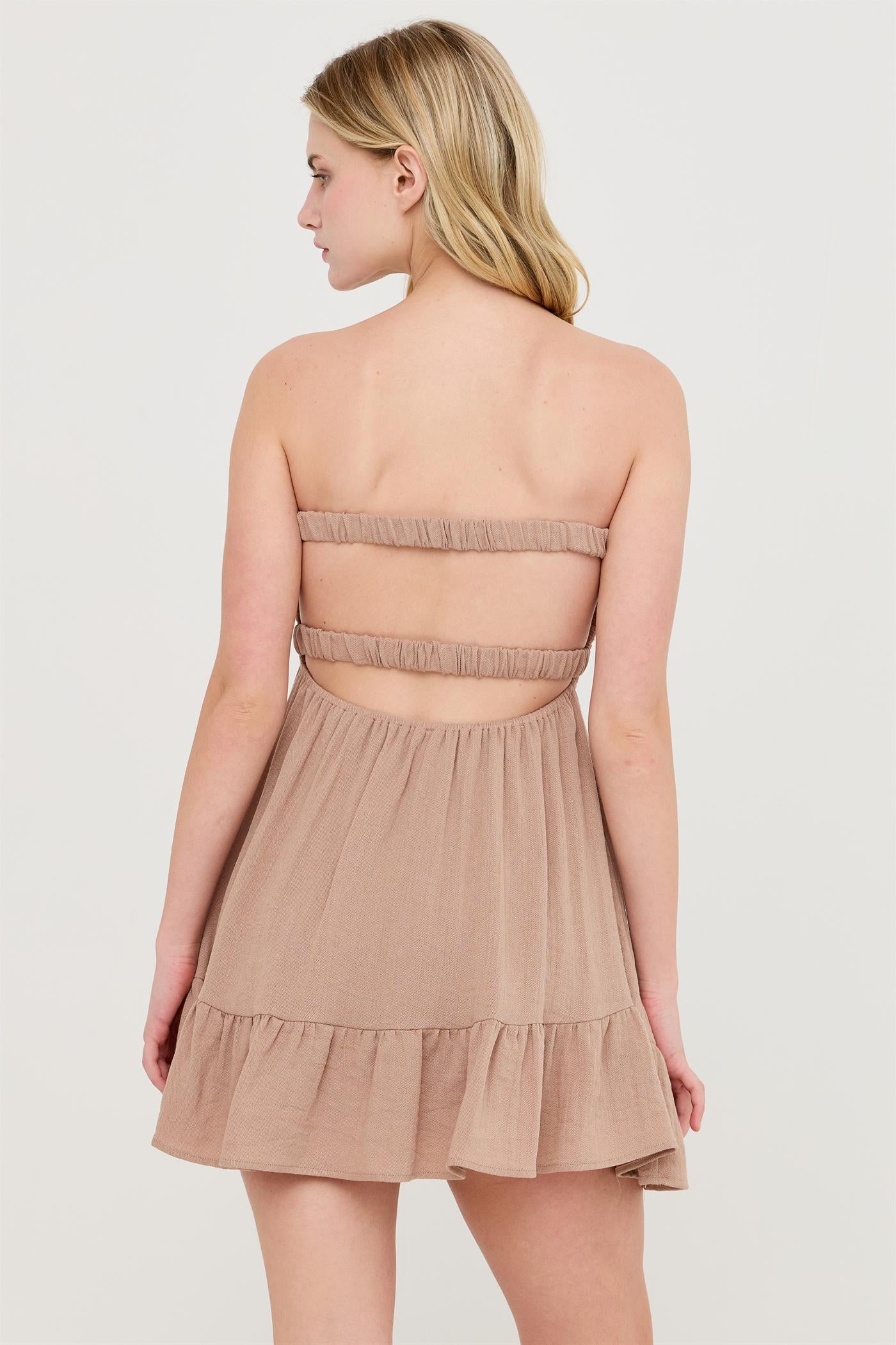 Wholesale Twist Front Mini Dress Dresses HF26C118-D LIGHT BROWN HYFVE