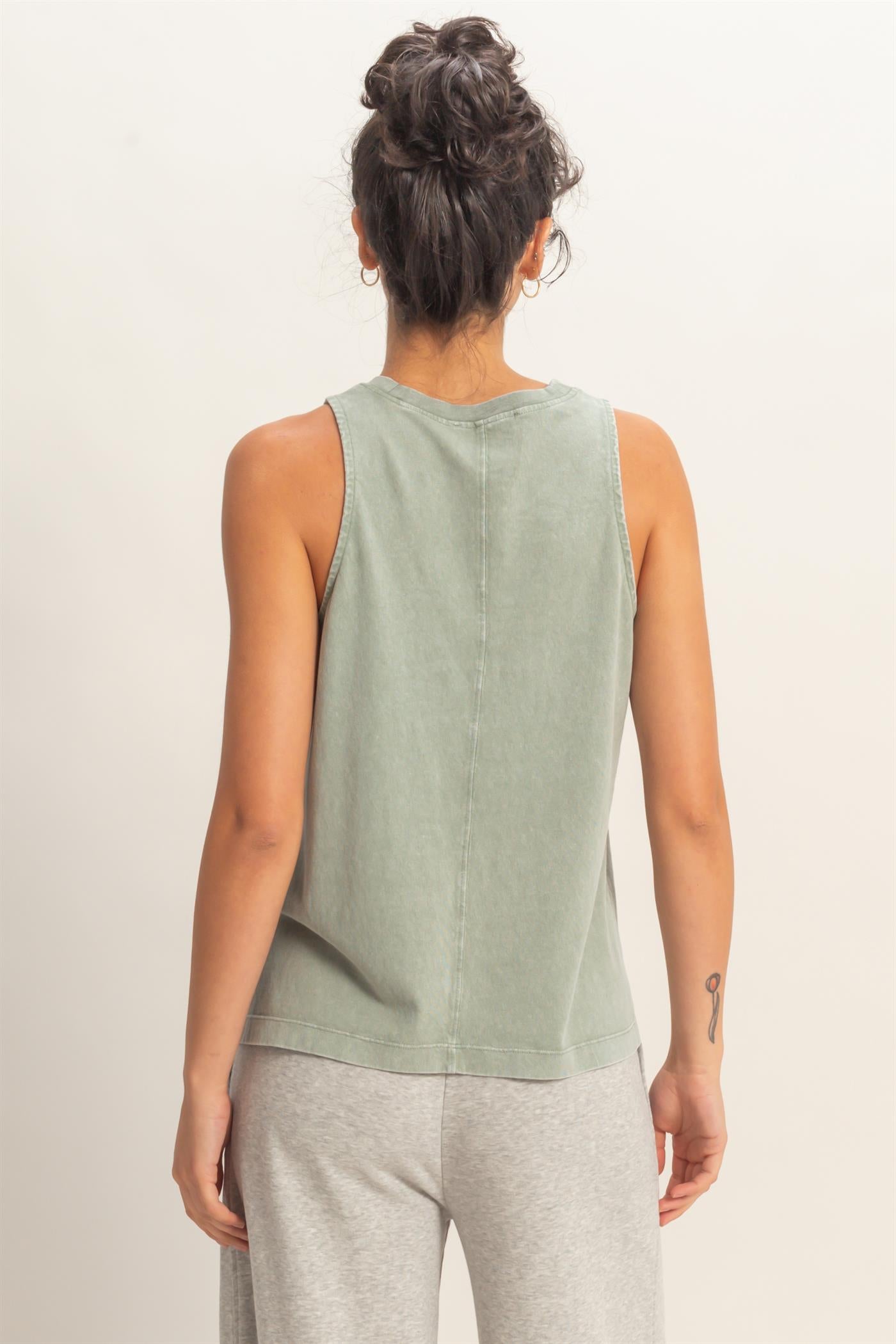 Wholesale Mineral Washed Sleeveless Top Clothing Tops DZ26A739 SAGE GREEN DOUBLE ZERO