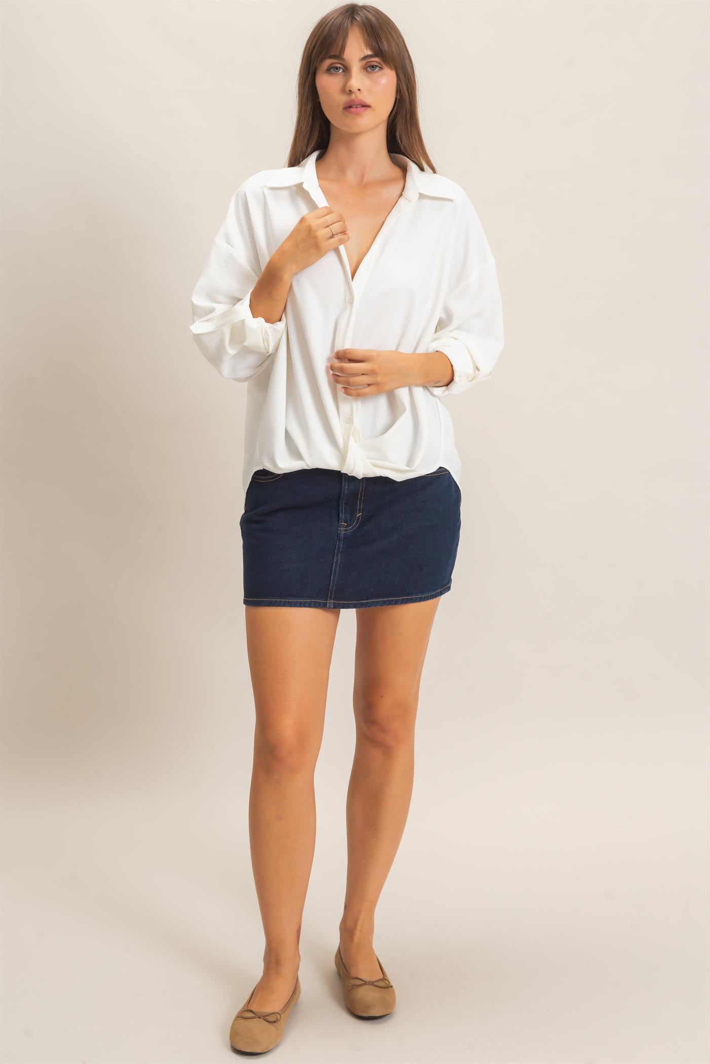 Wholesale Button-Up Dolman Sleeve Top Shirts HF26F070 OFF WHITE HYFVE