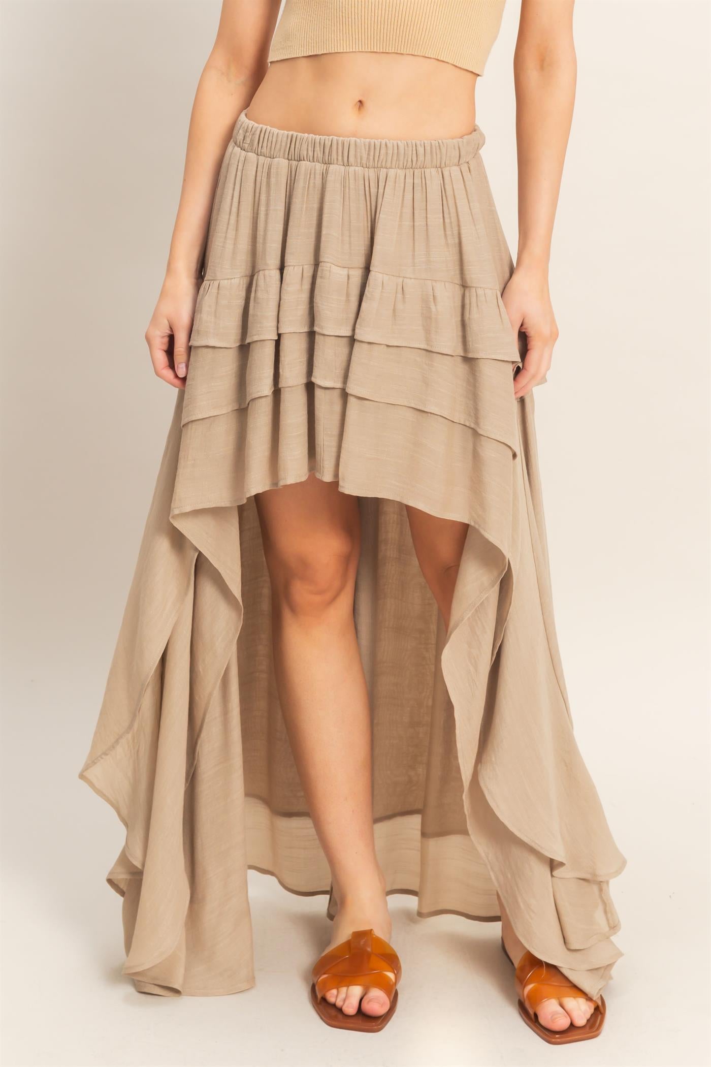 Wholesale Tiered Ruffle High-Low Skirt Skirts HF26C194 TAUPE HYFVE