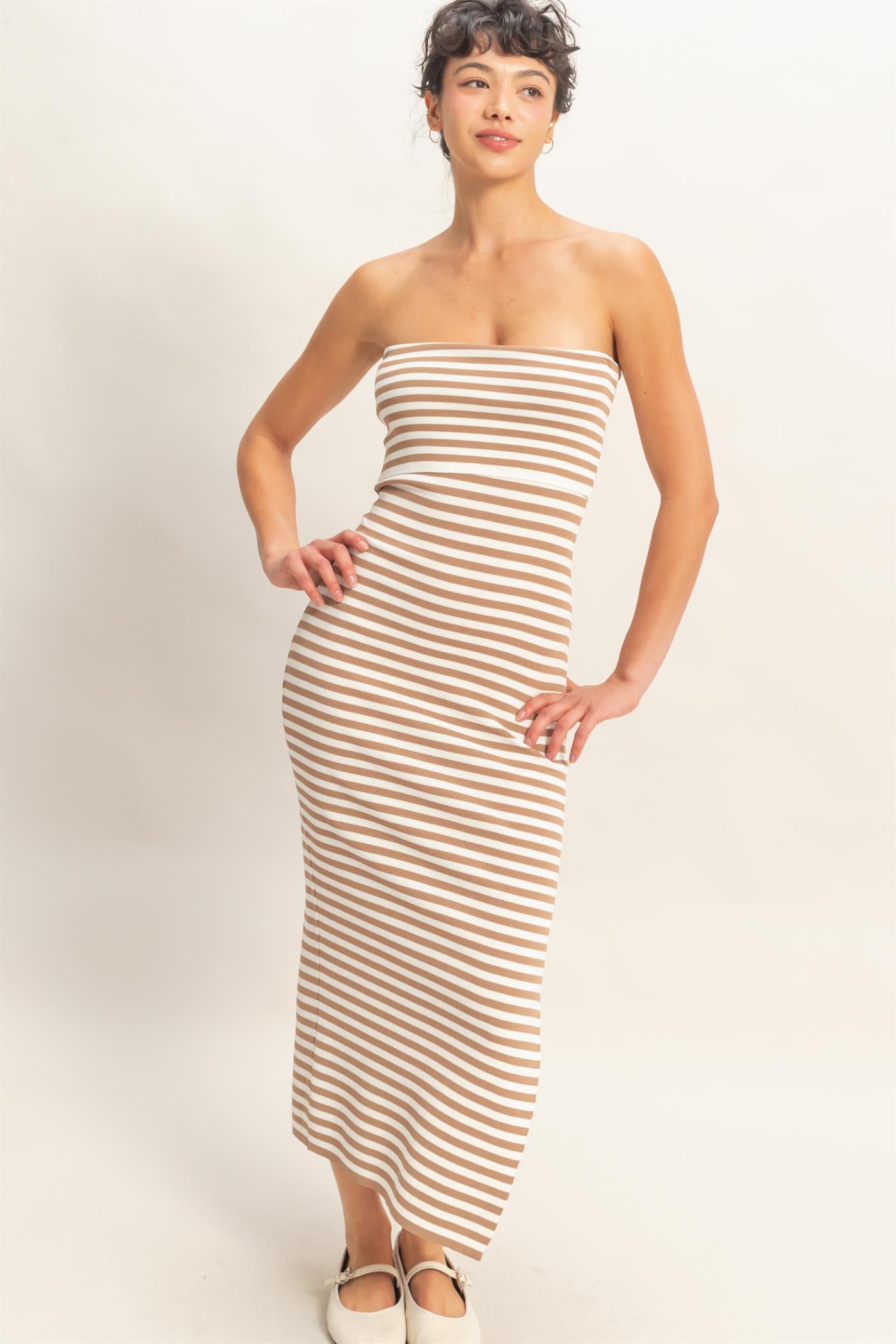 Wholesale Strapless Striped Bodycon Midi Dress Dresses DZ26C336 TAUPE DOUBLE ZERO