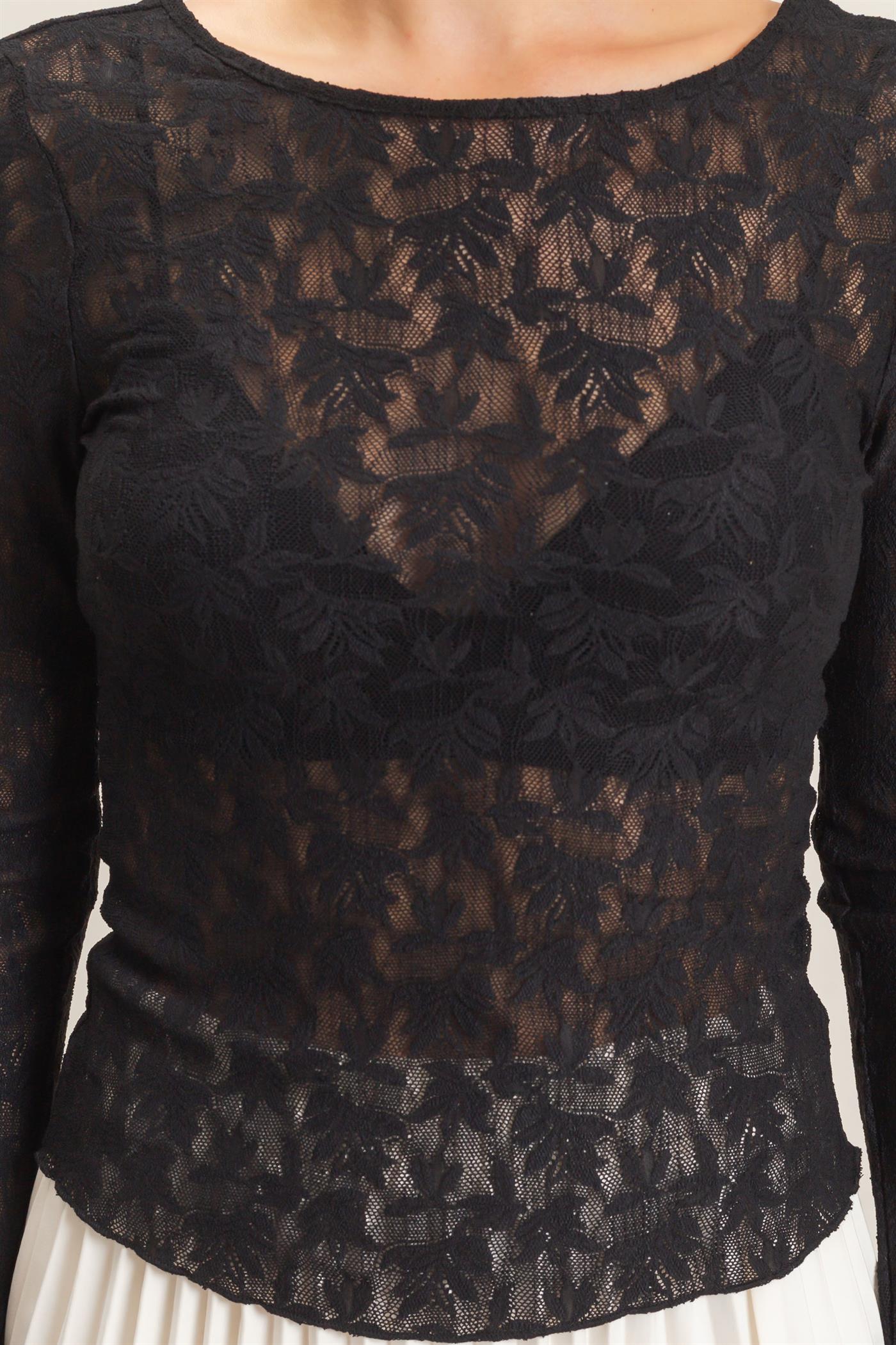 Wholesale Floral Lace Long Sleeve Top Clothing Tops HF26E309 BLACK HYFVE
