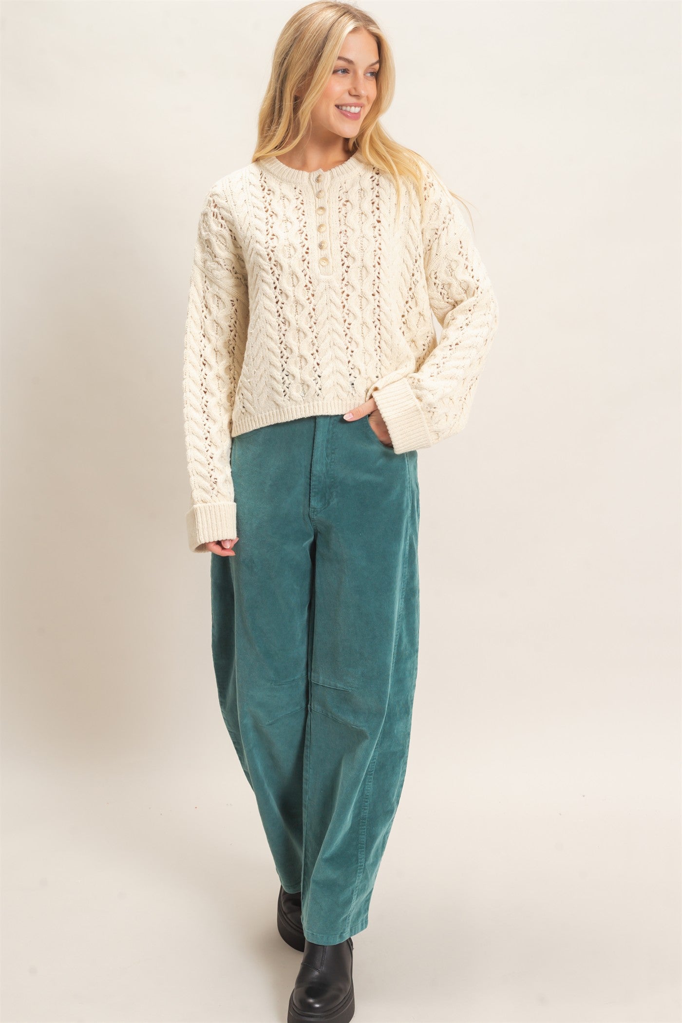 Wholesale Cable Knit Henley Sweaters HF26E552 CREAM HYFVE