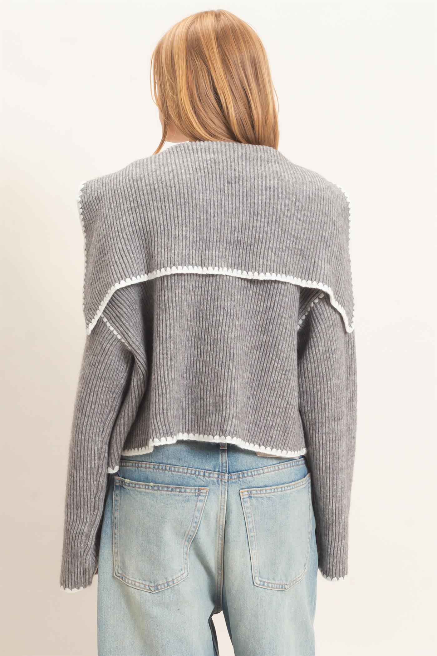 Wholesale Collared Cardigan Sweater With Picot Trim Cardigans HF26E897 GRAY HYFVE
