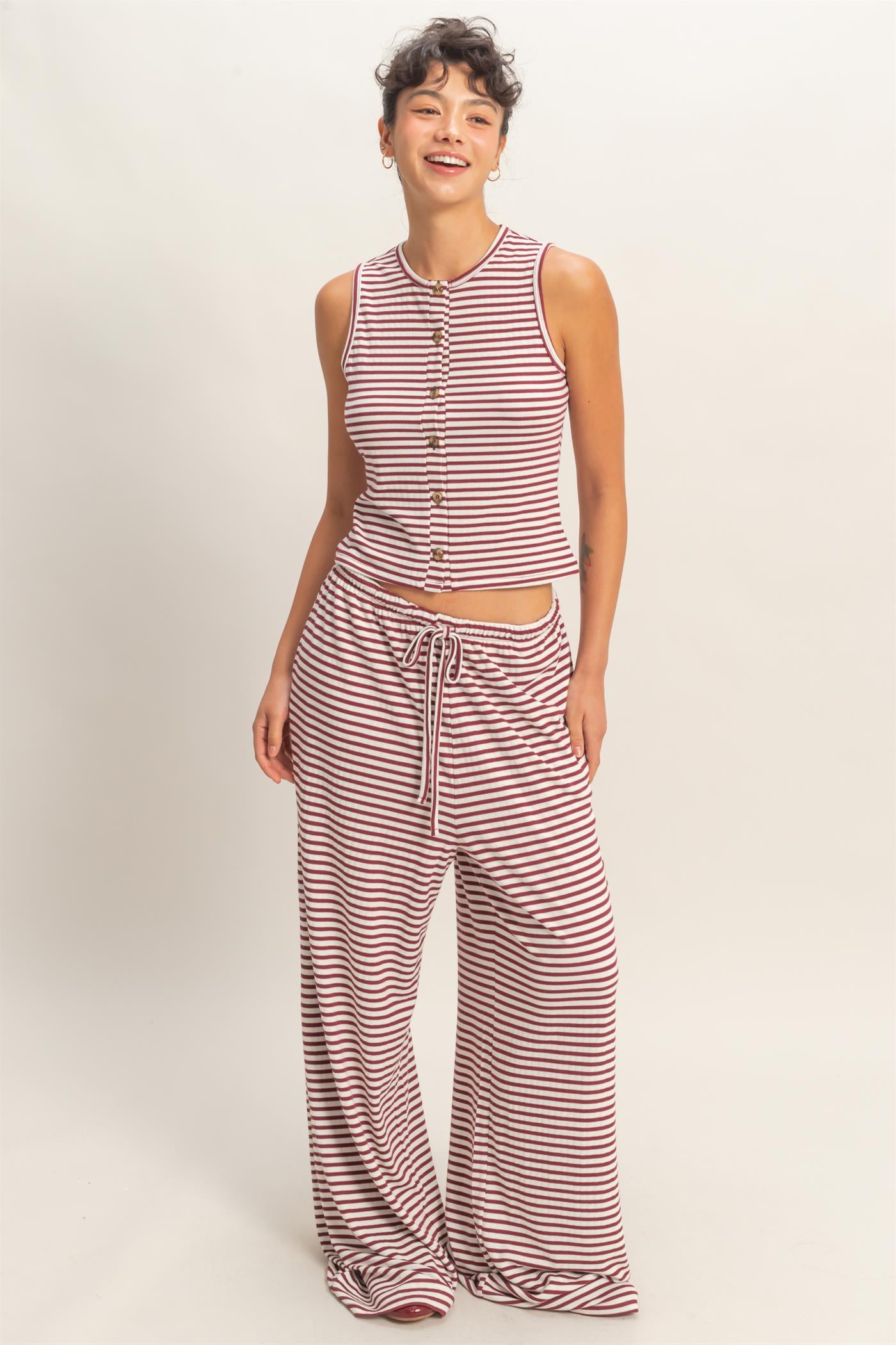 Wholesale Striped Button-Front Crew Neck Sleeveless Top Clothing Tops DZ26C075 DARK RED DOUBLE ZERO