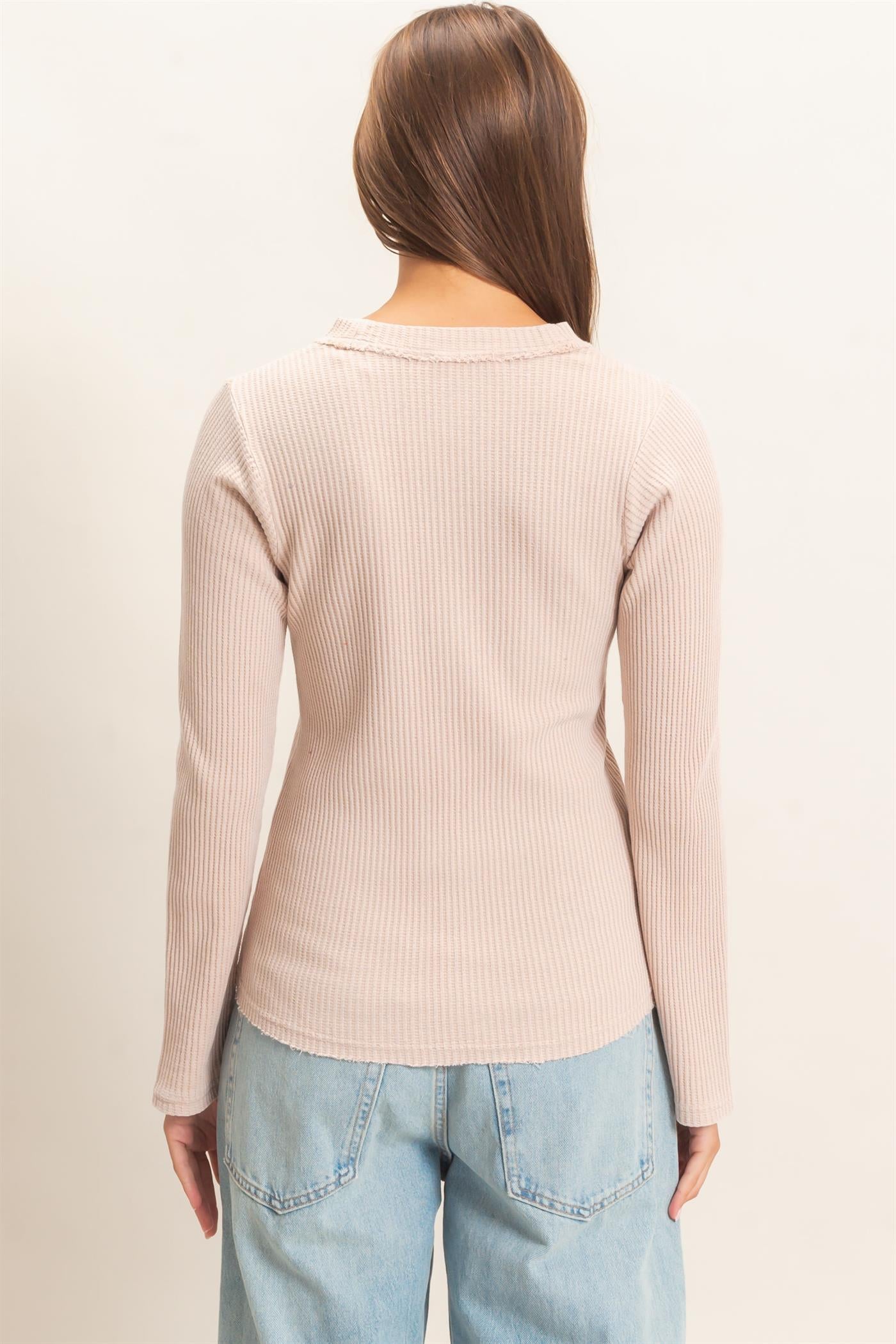 Wholesale Mineral Wash Waffle Henley Long Sleeve Top Clothing Tops DZ26E243 DARK TAUPE DOUBLE ZERO