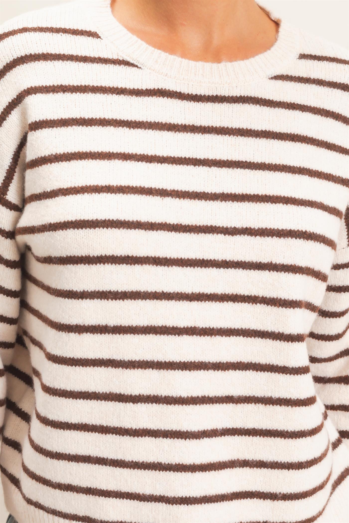 Wholesale Striped Crew Neck Sweater Sweaters DZ26C612 BROWN DOUBLE ZERO