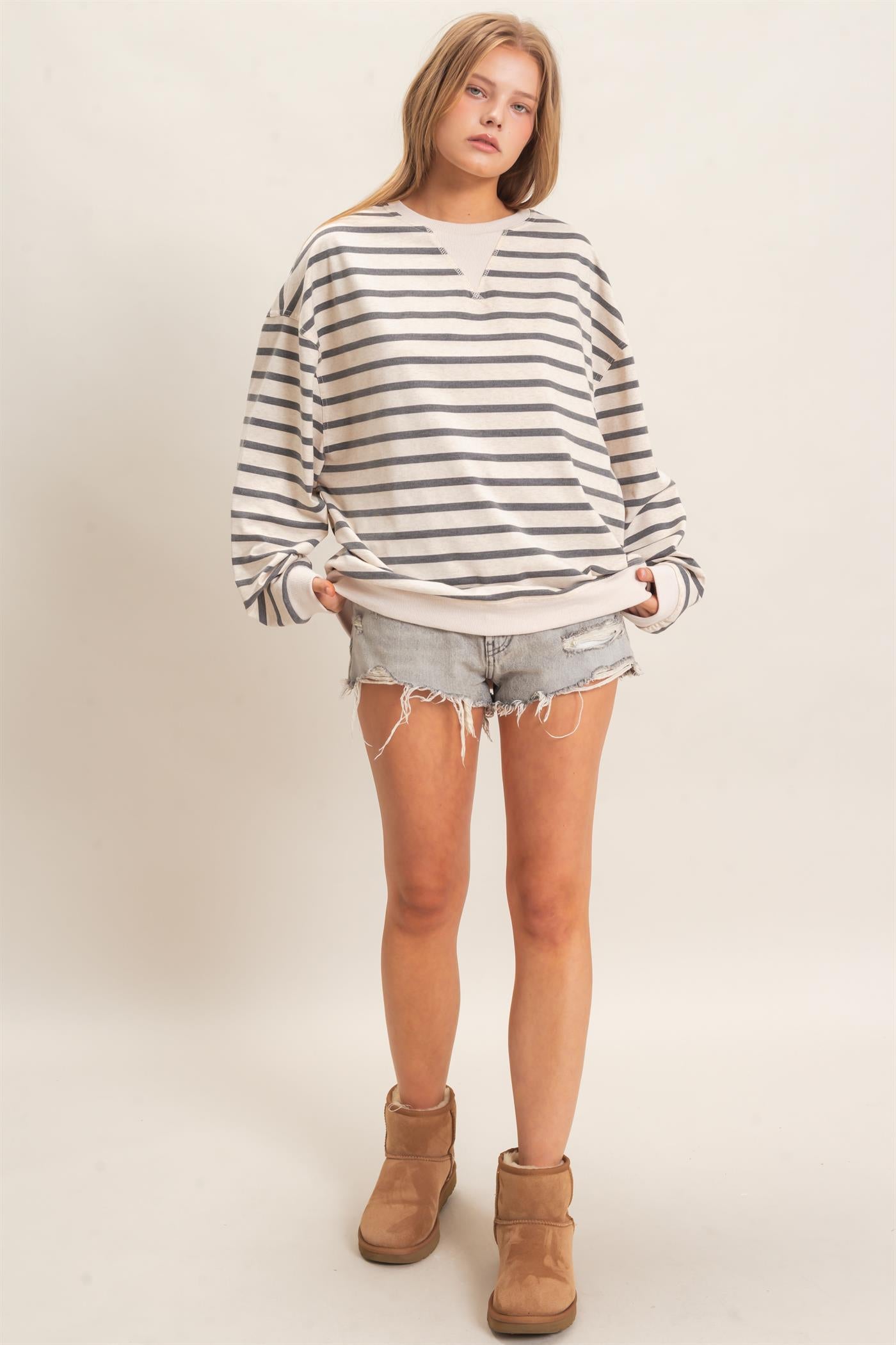 Wholesale Striped Long Sleeve Pullover Sweatshirts HF26F077 GRAY/ECRU HYFVE