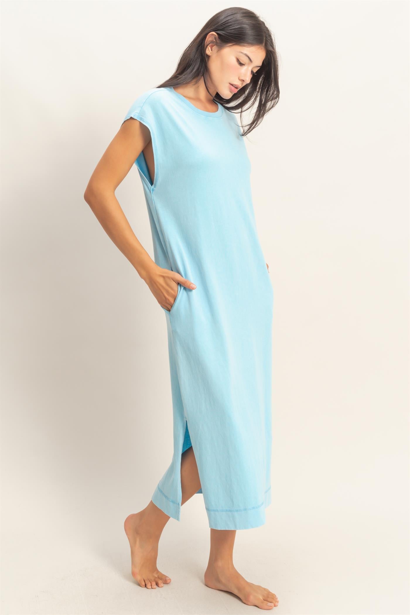 Wholesale Mineral Wash Cap Sleeve Midi Dress Dresses DZ26A049 BLUE DOUBLE ZERO