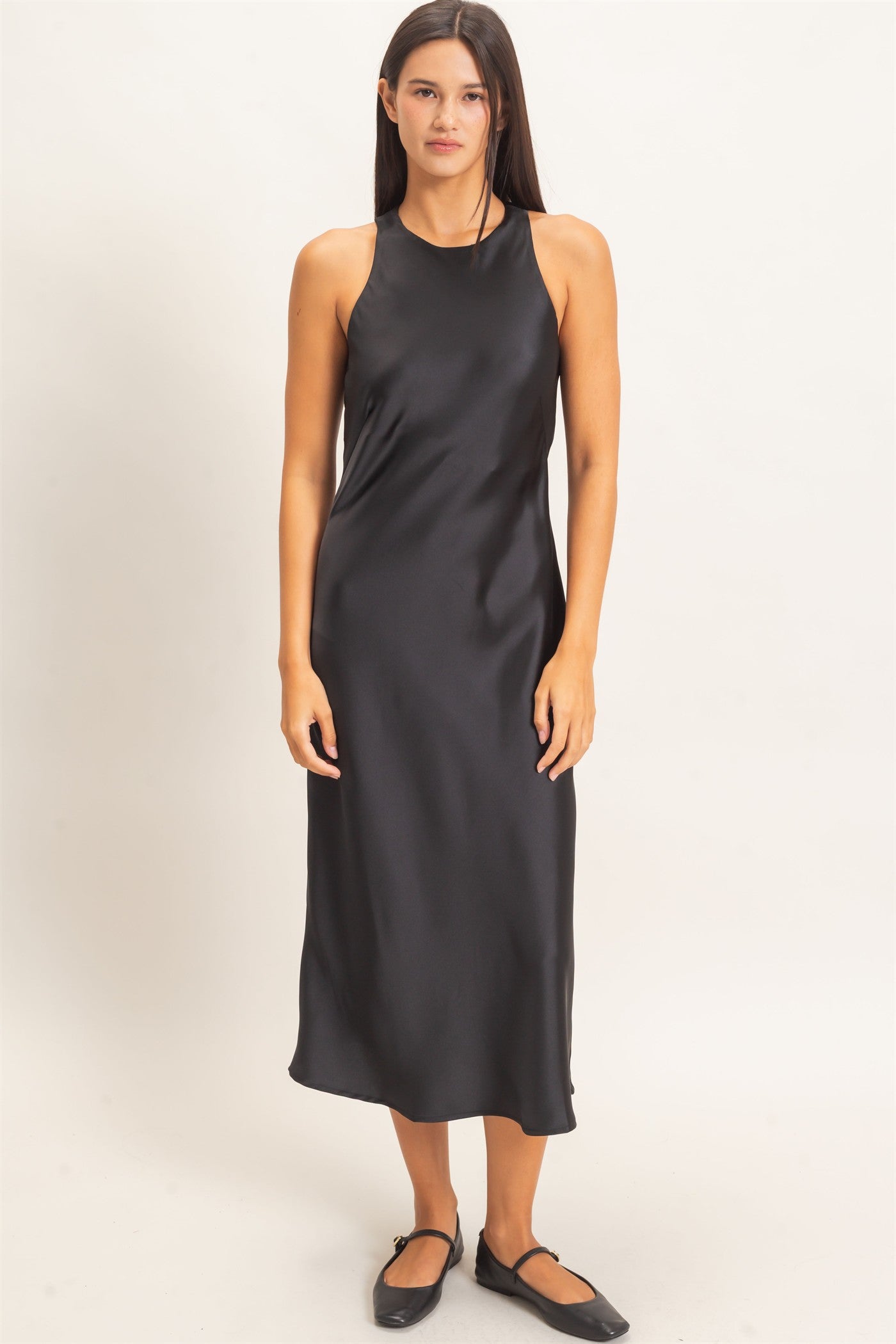 Wholesale Sleeveless Satin Midi Dress Dresses DZ26E257 BLACK DOUBLE ZERO