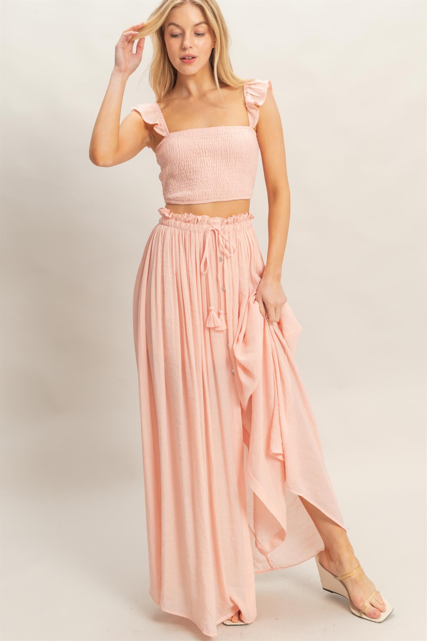 Wholesale Smocked Top & Maxi Skirt Set Clothing HF26C292-SET-D LIGHT PINK HYFVE