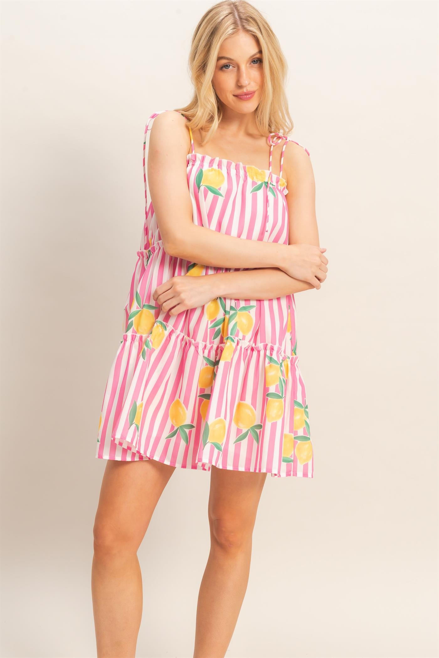 Wholesale Striped Tiered Mini Dress Dresses HF26C319 PINK HYFVE