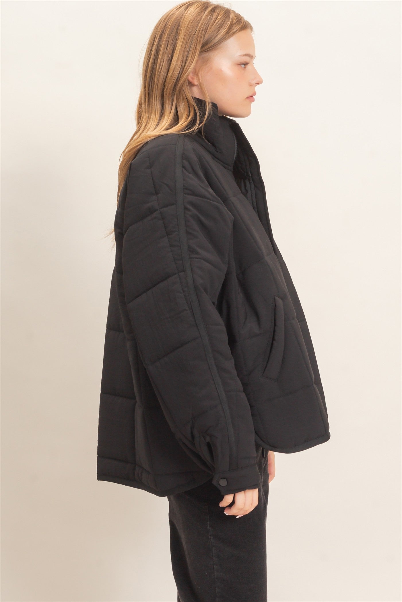 Wholesale Quilted Mock Neck Zip-Up Puffer Jacket Coats & Jackets HF26C865 BLACK HYFVE