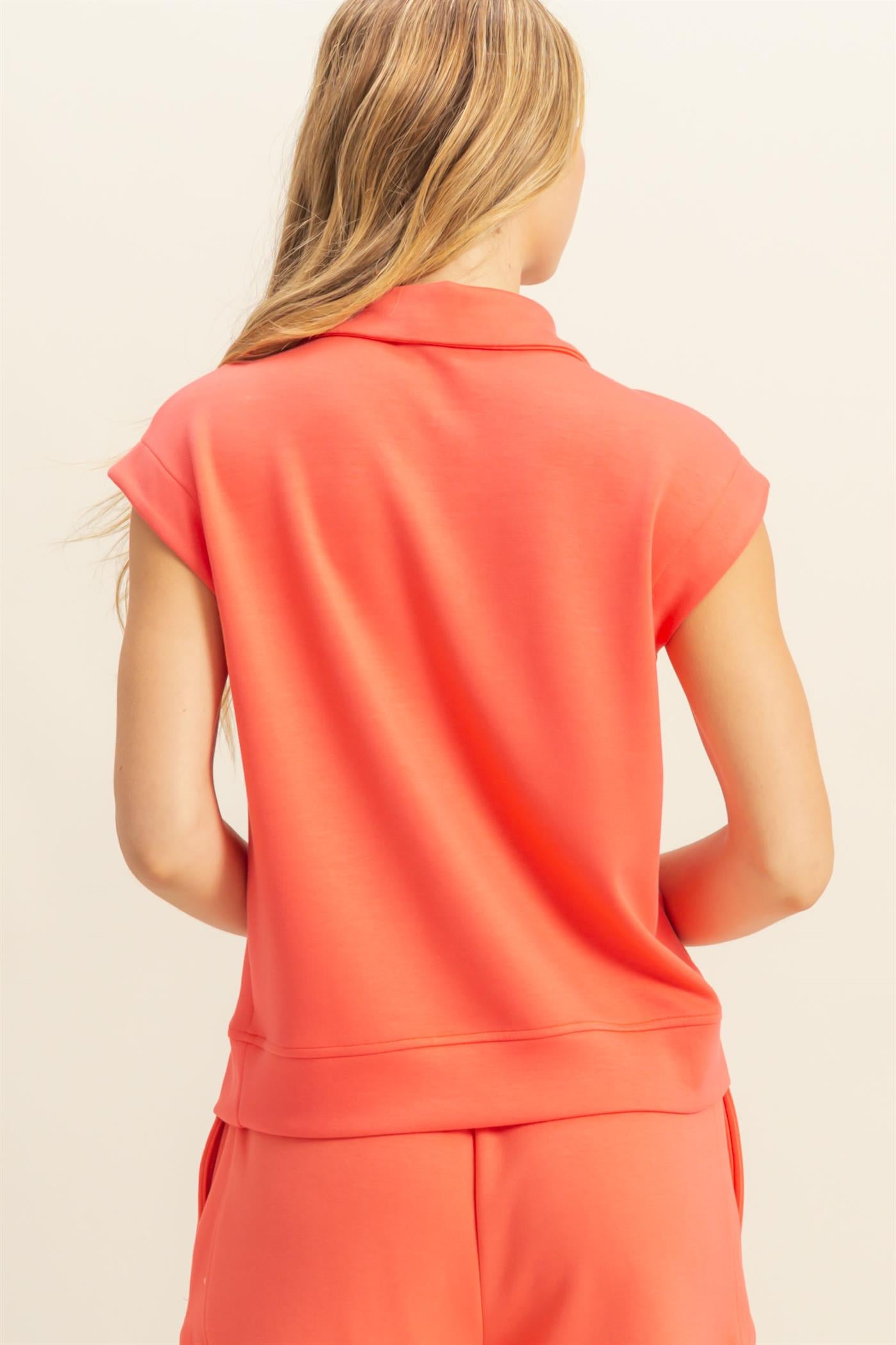 Wholesale Mock Neck Half Zip Up Sleeveless Top Clothing Tops DZ25C571 CORAL DOUBLE ZERO