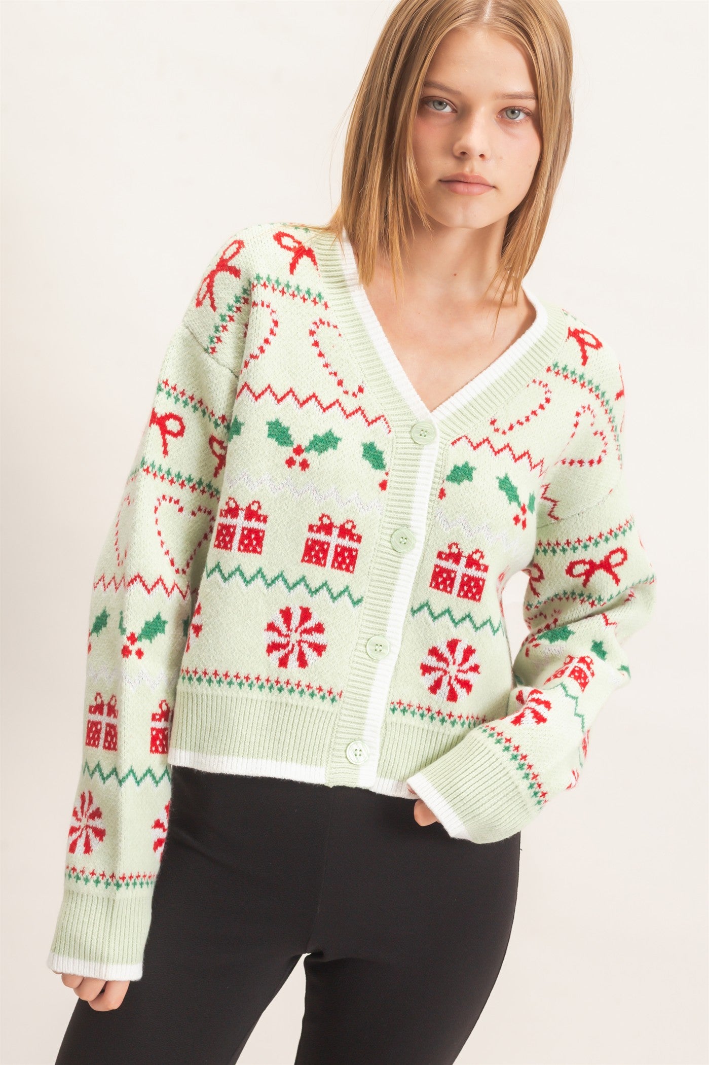 Wholesale Holiday Jacquard V-Neck Cardigan Cardigans HF26E919 SAGE GREEN HYFVE