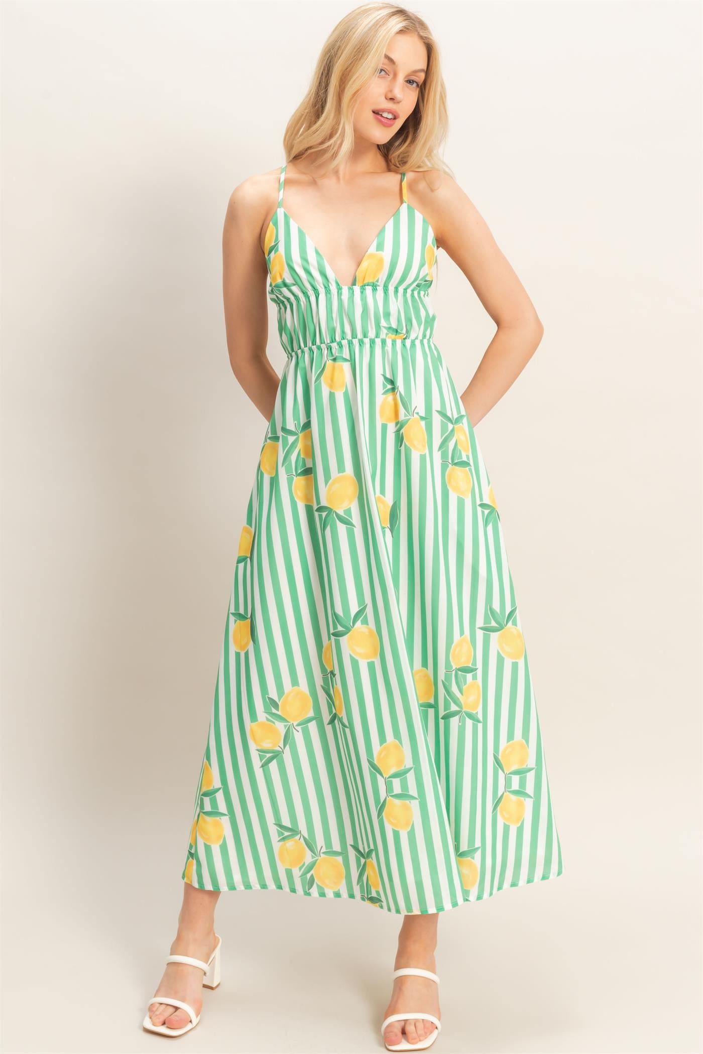 Wholesale Striped Lemon Print Midi Dress Dresses HF26C269 GREEN HYFVE