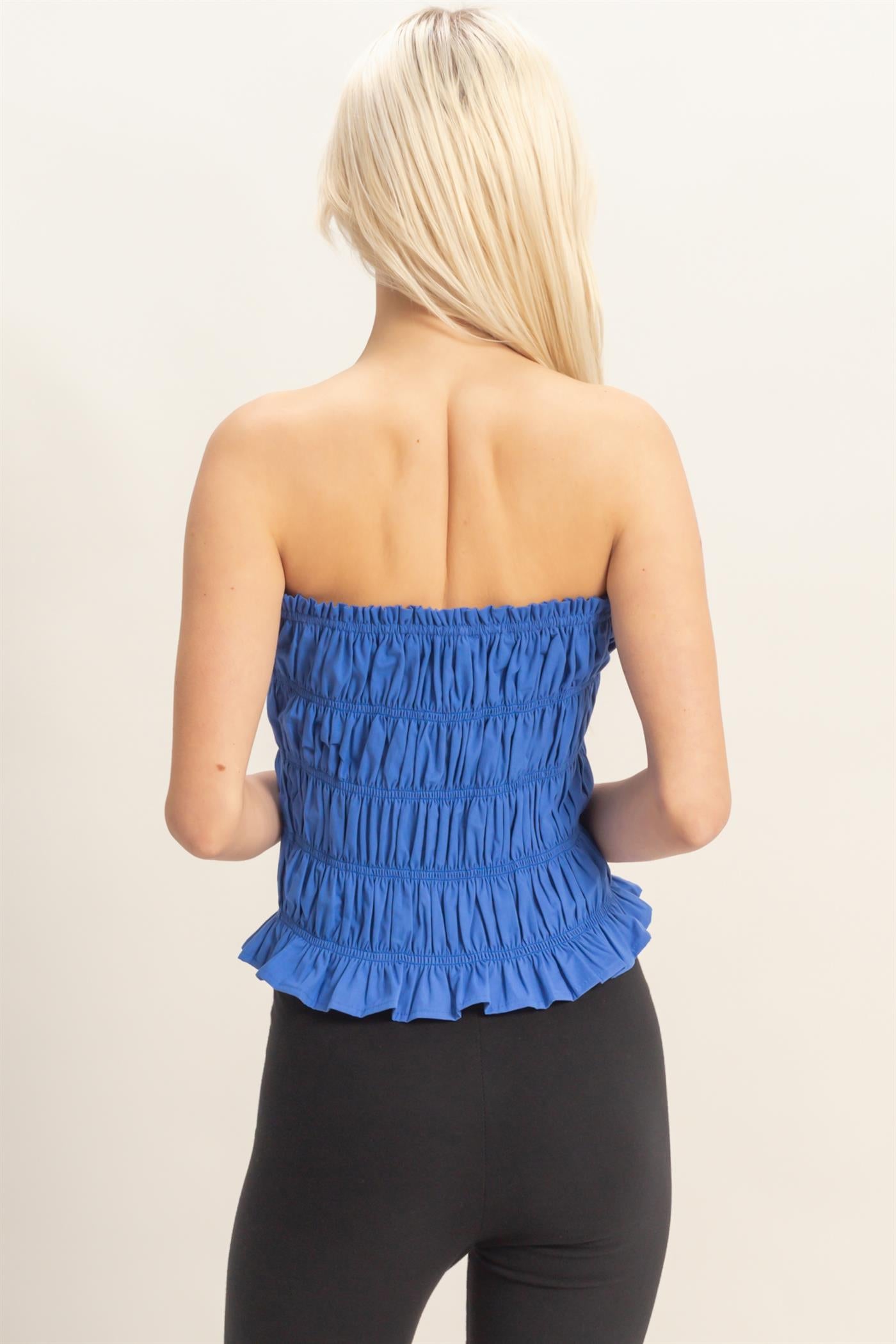 Wholesale Smocked Ruffle Tube Top Clothing Tops DZ26C282 COBALT DOUBLE ZERO
