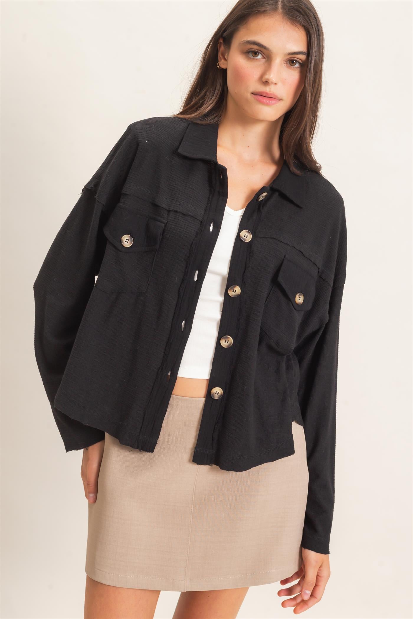 Wholesale Textured Button-Up Shirt Clothing Tops HF26C878 BLACK HYFVE