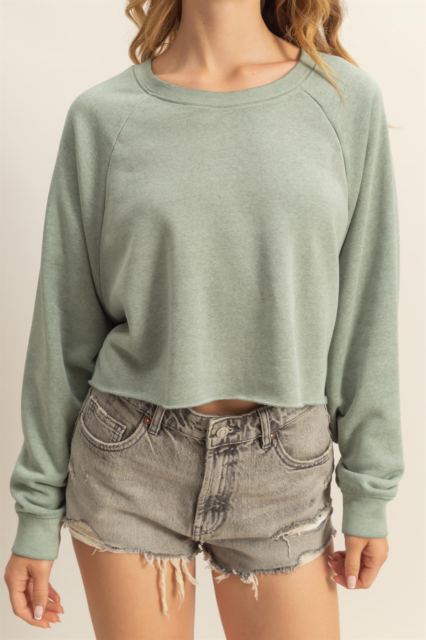 Wholesale Laid Back Crop Sweatshirt Sweatshirts DZ25C445 SAGE GREEN DOUBLE ZERO