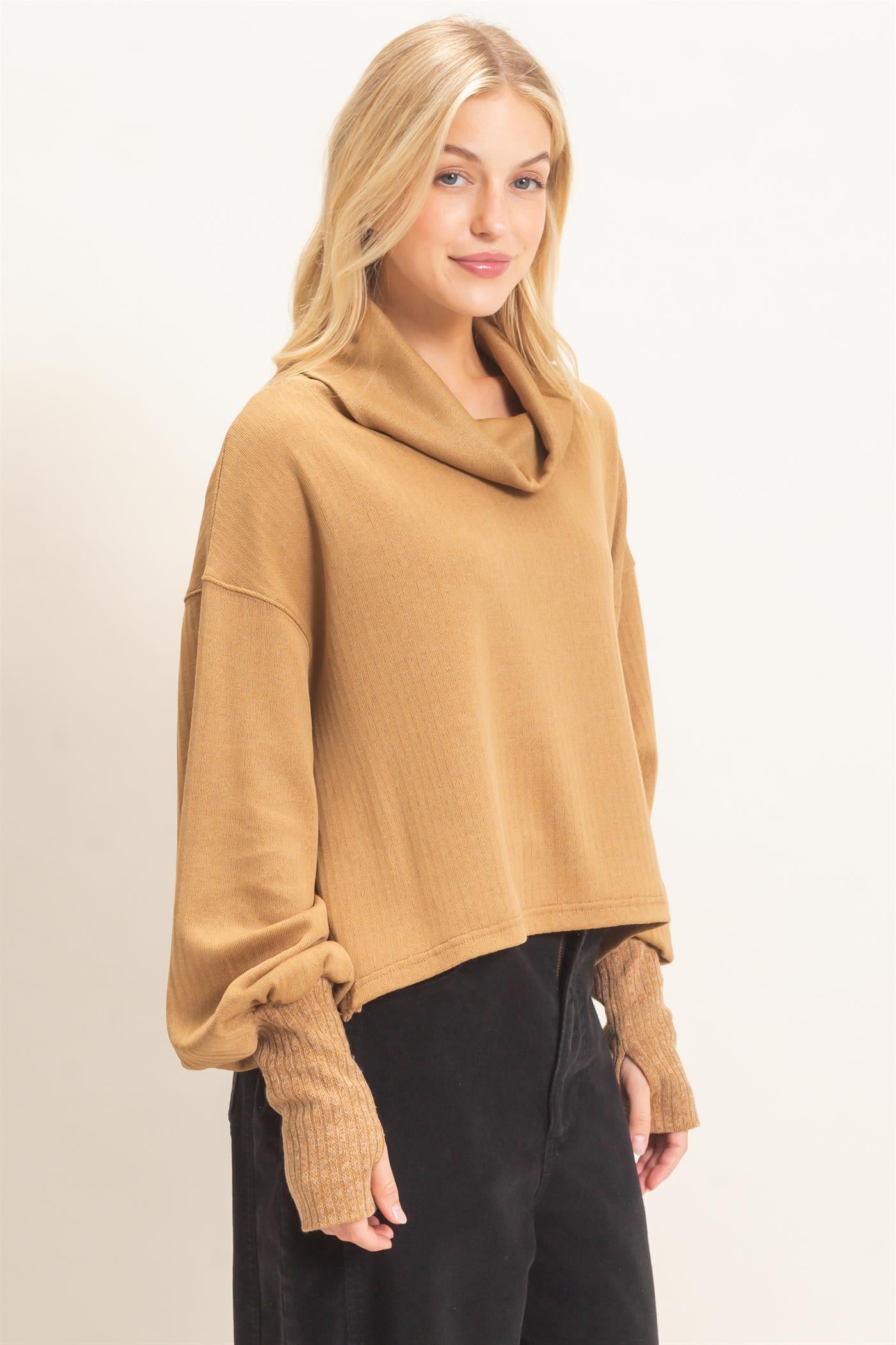Wholesale Loose Turtleneck Long Sleeve Top Clothing Tops HF26F258 LIGHT BROWN HYFVE
