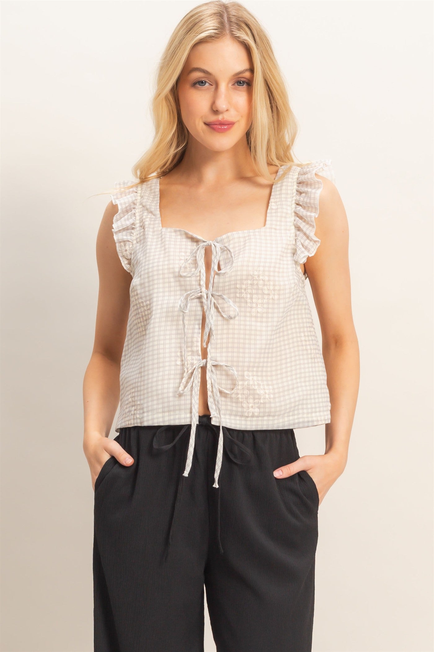 Wholesale Embroidered Gingham Tie Front Top Clothing HF26A501 DARK MAUVE HYFVE