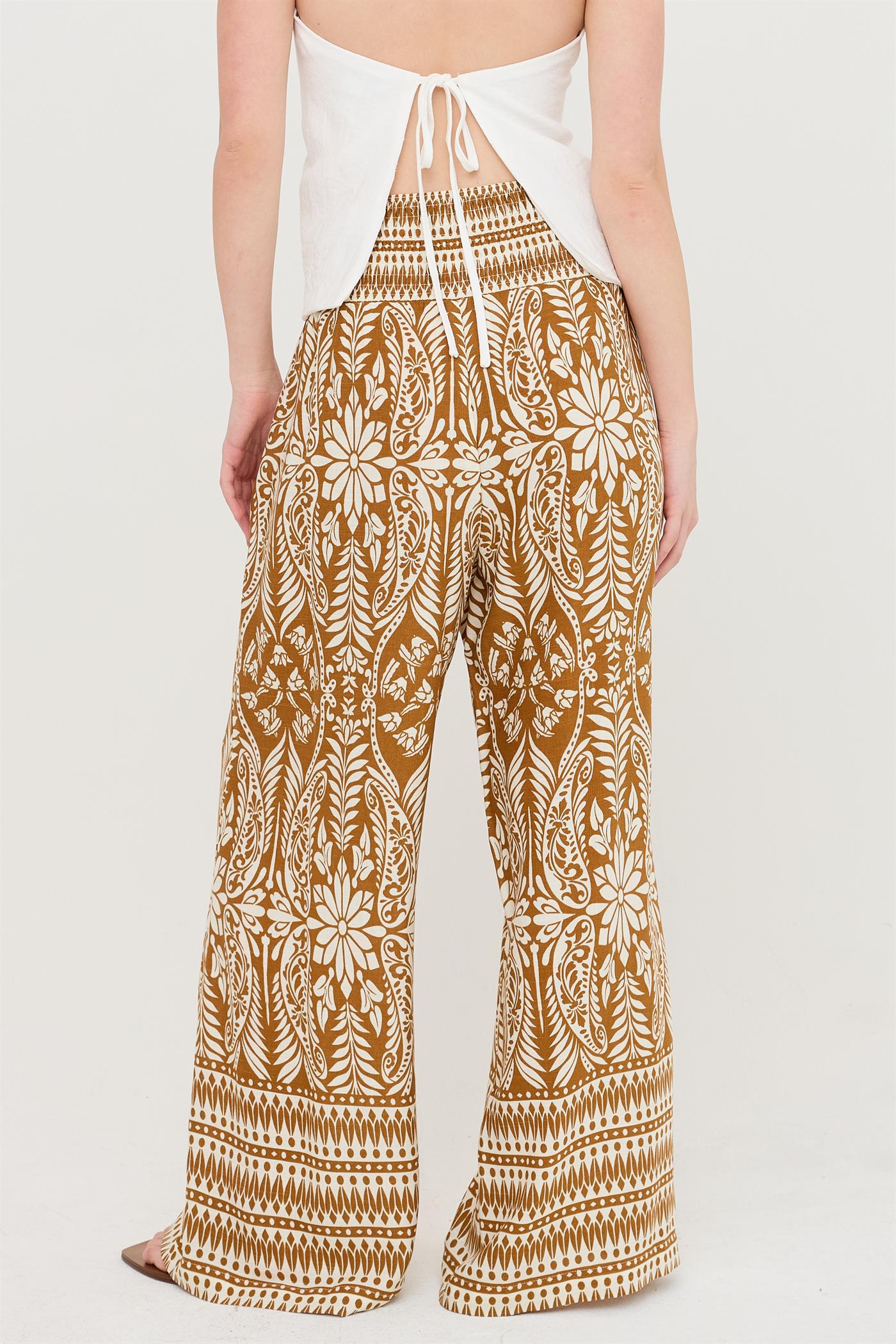 Wholesale Smocked Waist Floral Pants Pants HF26C161-D BROWN HYFVE