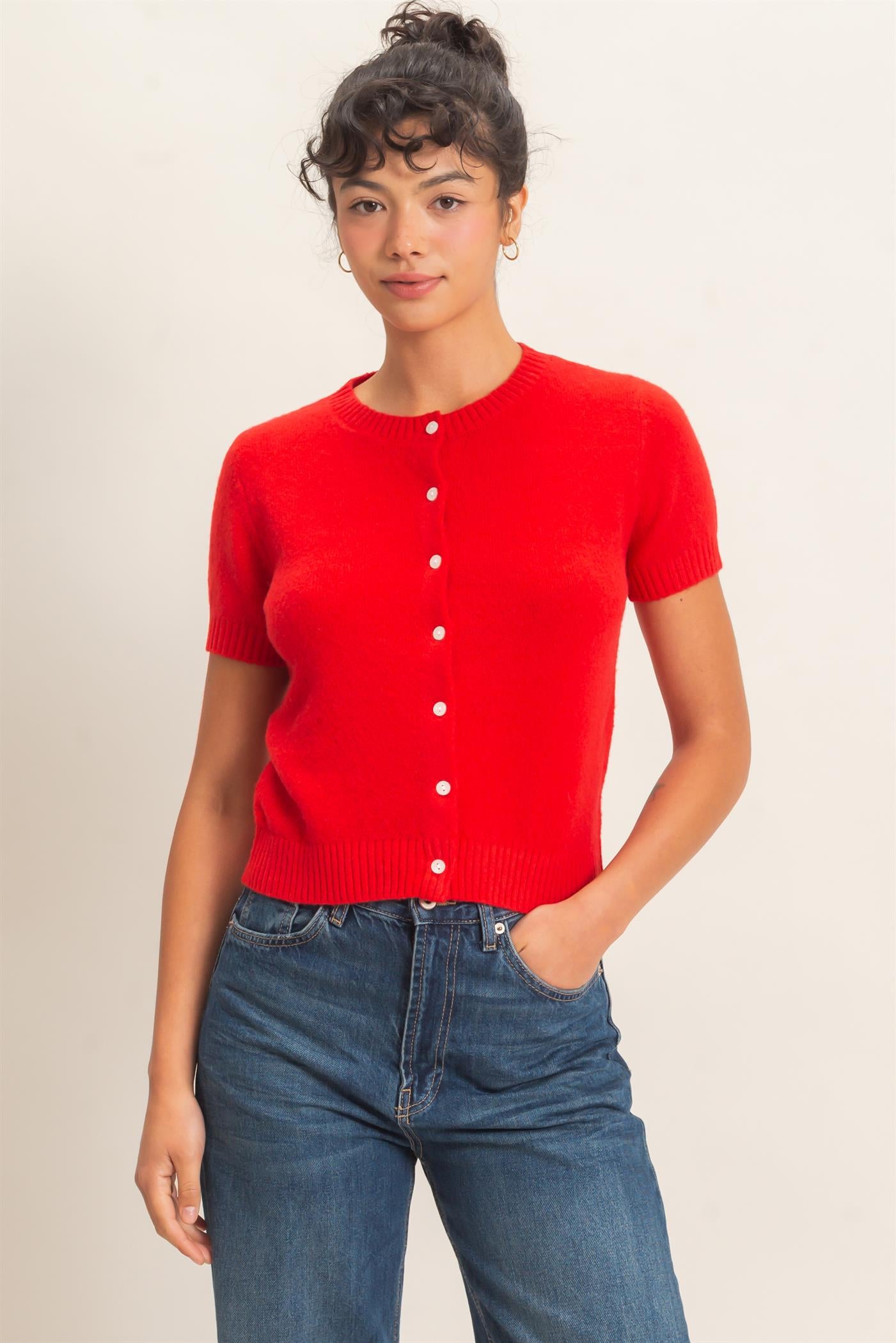 Wholesale Crew Neck Short Sleeve Cardigan Cardigans DZ26E108 RED DOUBLE ZERO