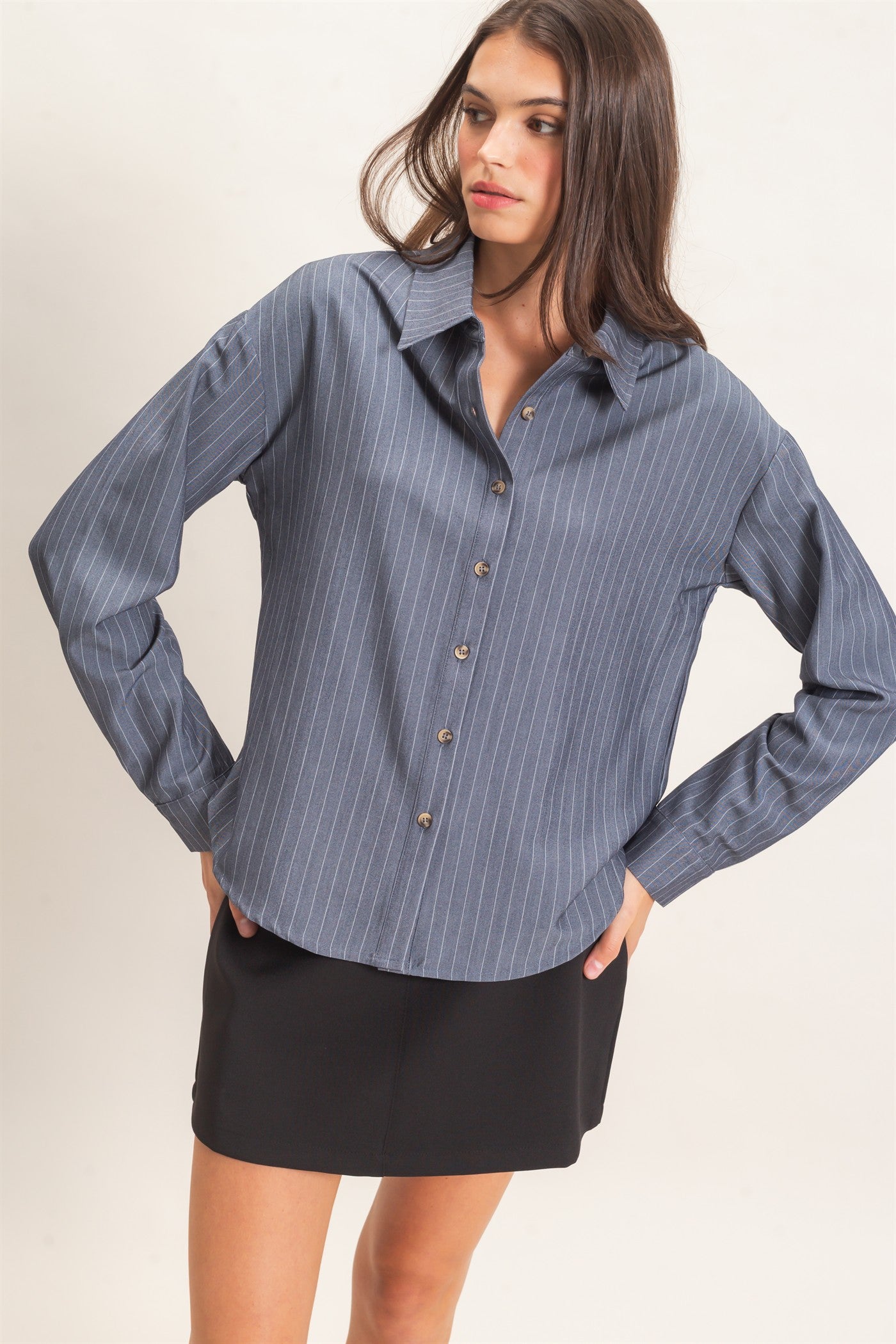 Wholesale Striped Button-Up Shirt Shirts HF27A425 LIGHT NAVY HYFVE