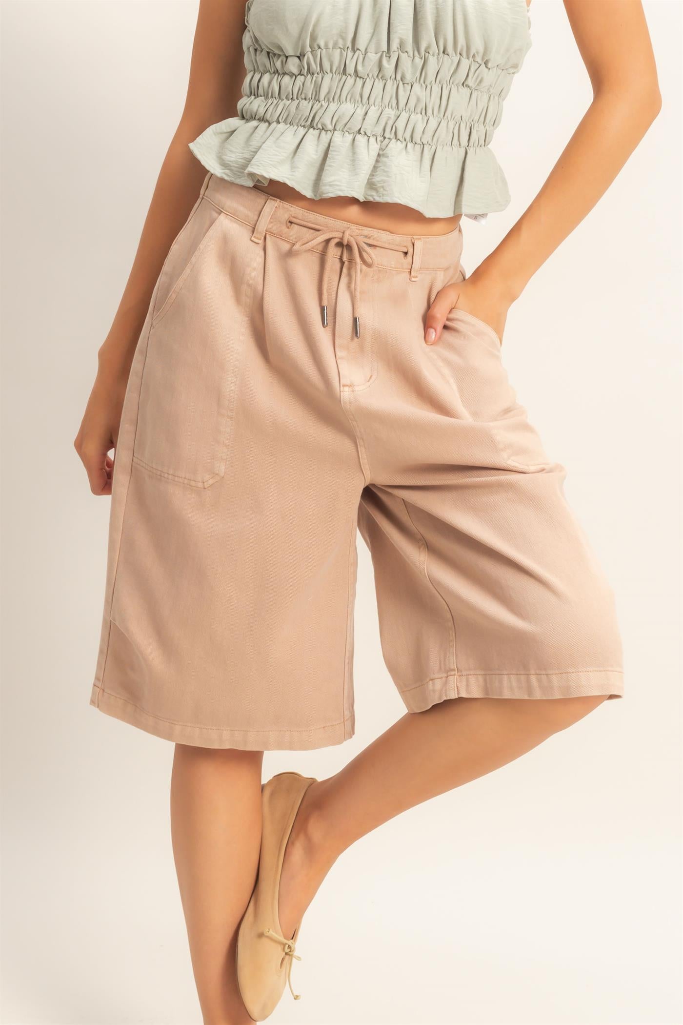 Wholesale Drawstring Waist Wide Leg Jorts Shorts DZ26F283 DARK TAUPE DOUBLE ZERO