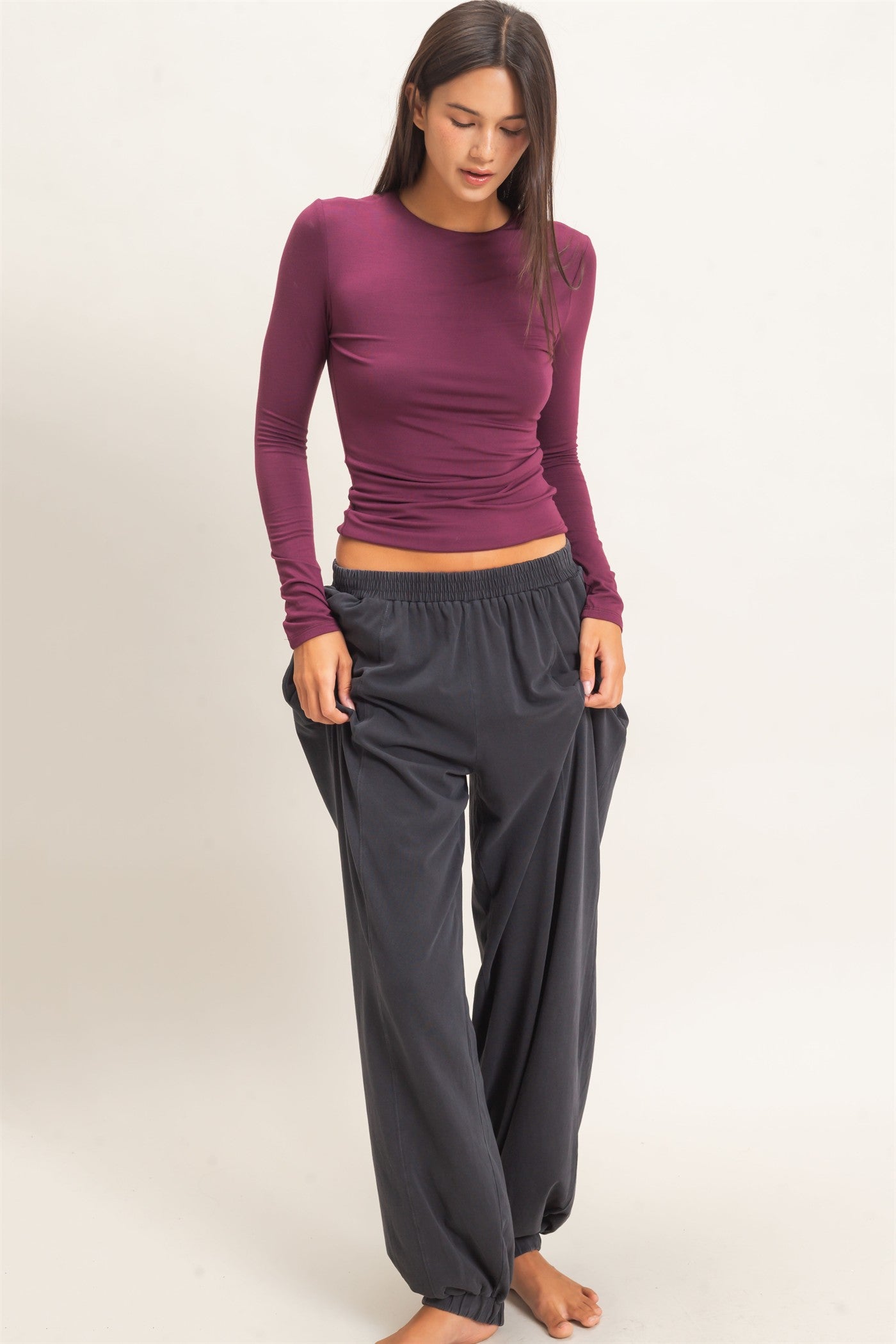 Wholesale Mineral Wash Elastic Waist Jogger Pants Joggers DZ26F405 BLACK DOUBLE ZERO
