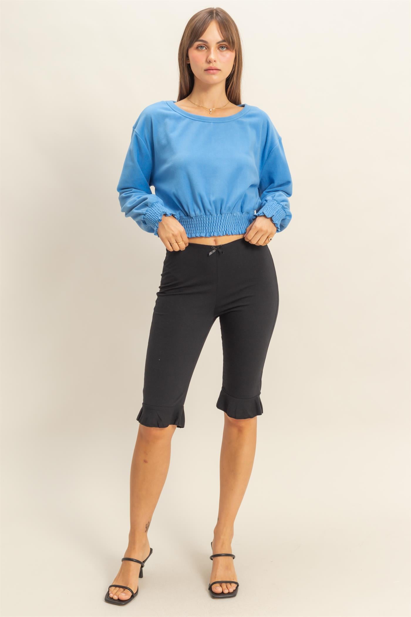 Wholesale Brushed Knit Smocked Crop Top Clothing Tops HF24C116 BLUE HYFVE