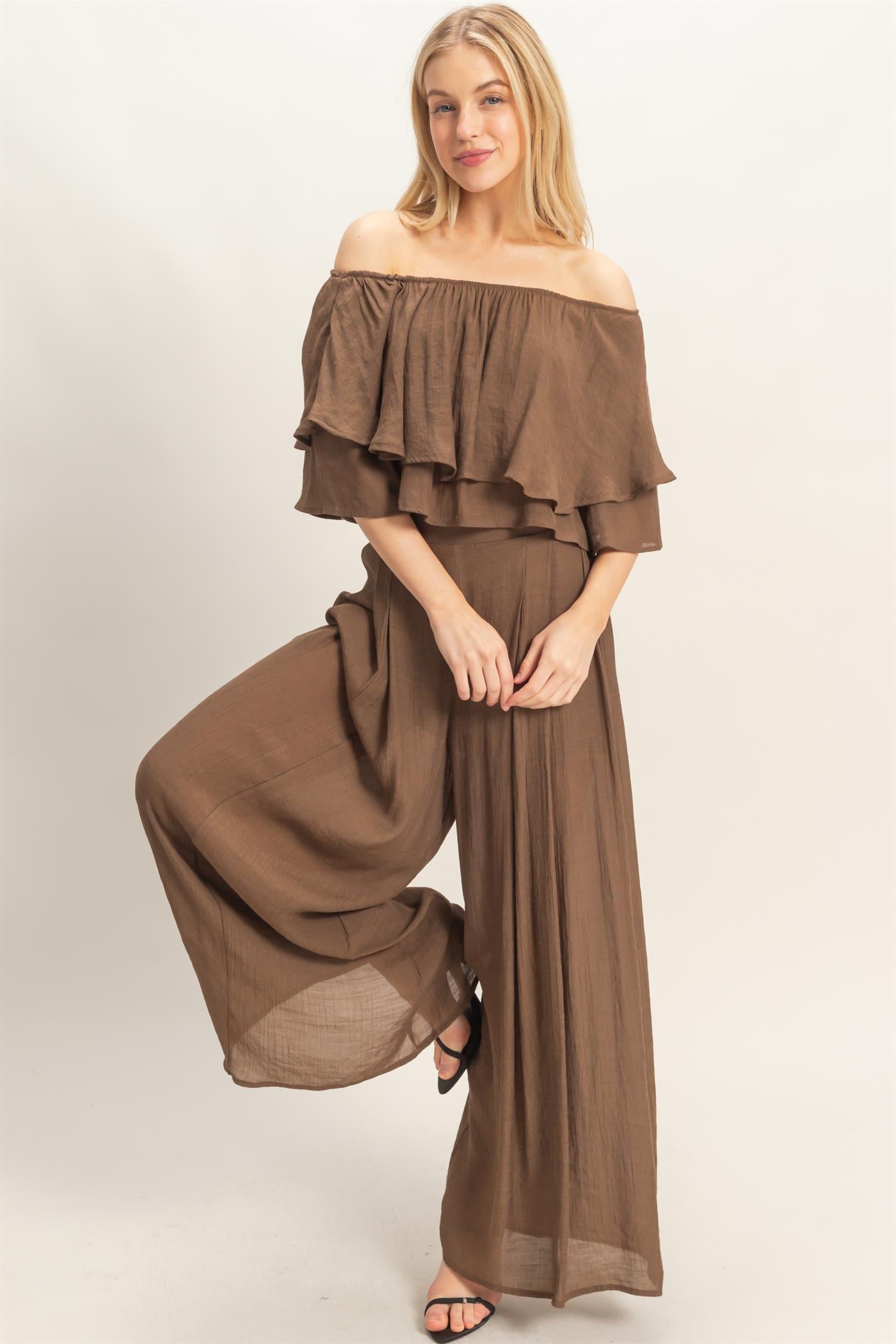 Wholesale Off Shoulder Top & Pleated Pant Set Clothing HF26C291-SET-D CHOCOLATE HYFVE