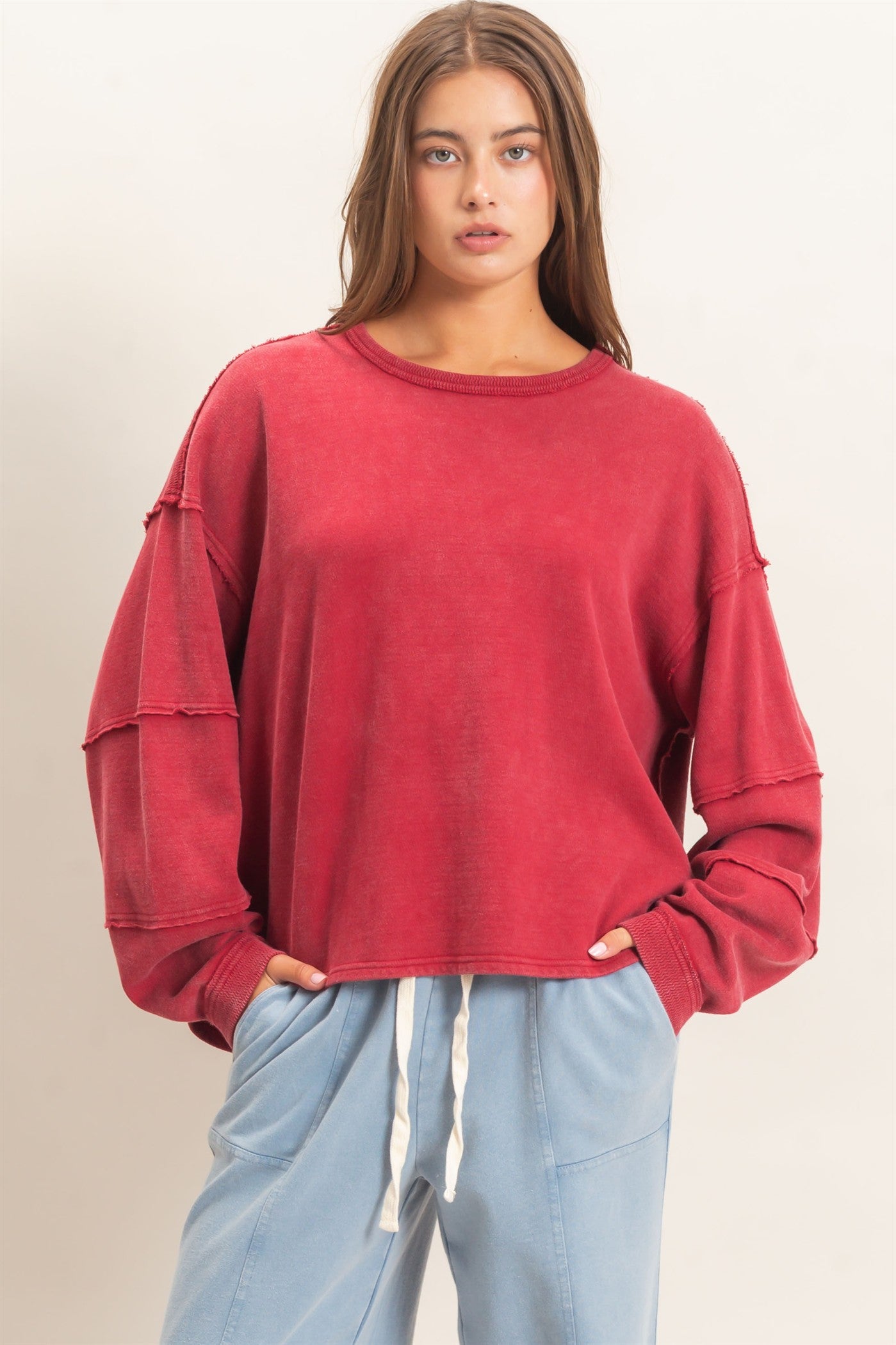 Wholesale Mineral Wash Overzised Raw Edge Crew Neck Top Clothing Tops DZ26E449 DARK RED DOUBLE ZERO
