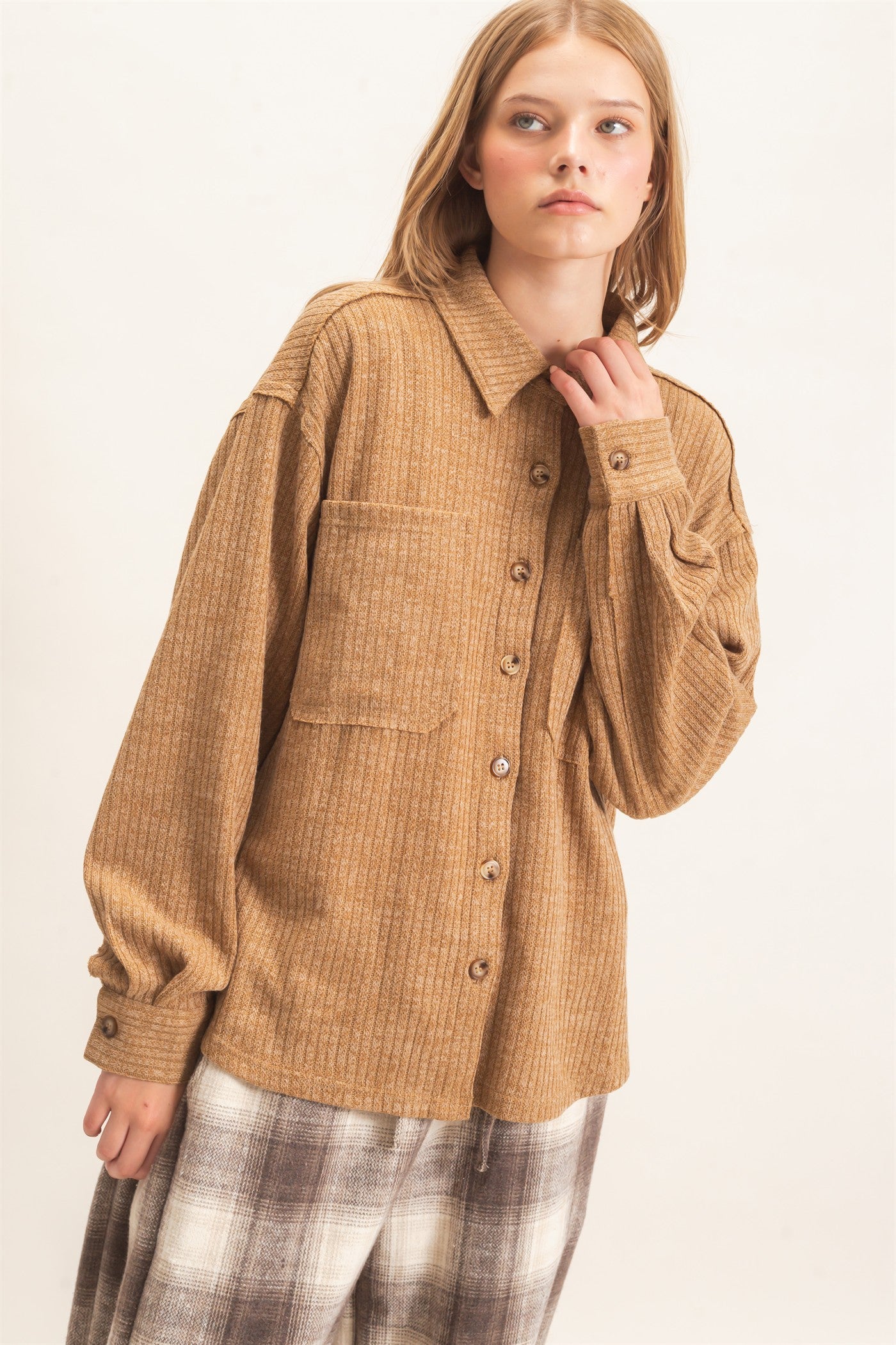 Wholesale Corduroy Button-Up Shirt Shirts HF26F138 LIGHT BROWN HYFVE