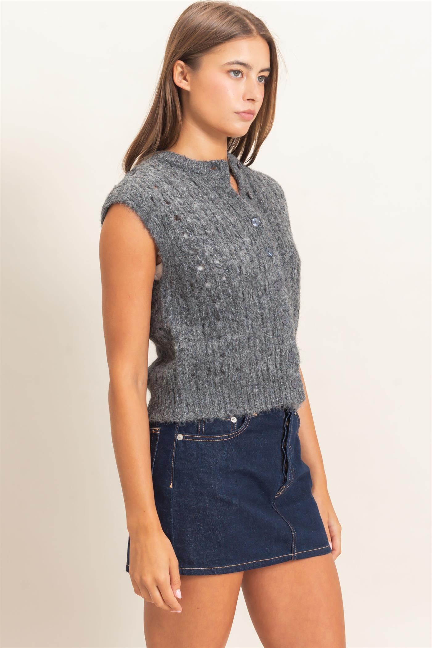 Wholesale Open Knit Sleeveless Button Front Sweater Vest Sweaters DZ26A829 CHARCOAL DOUBLE ZERO