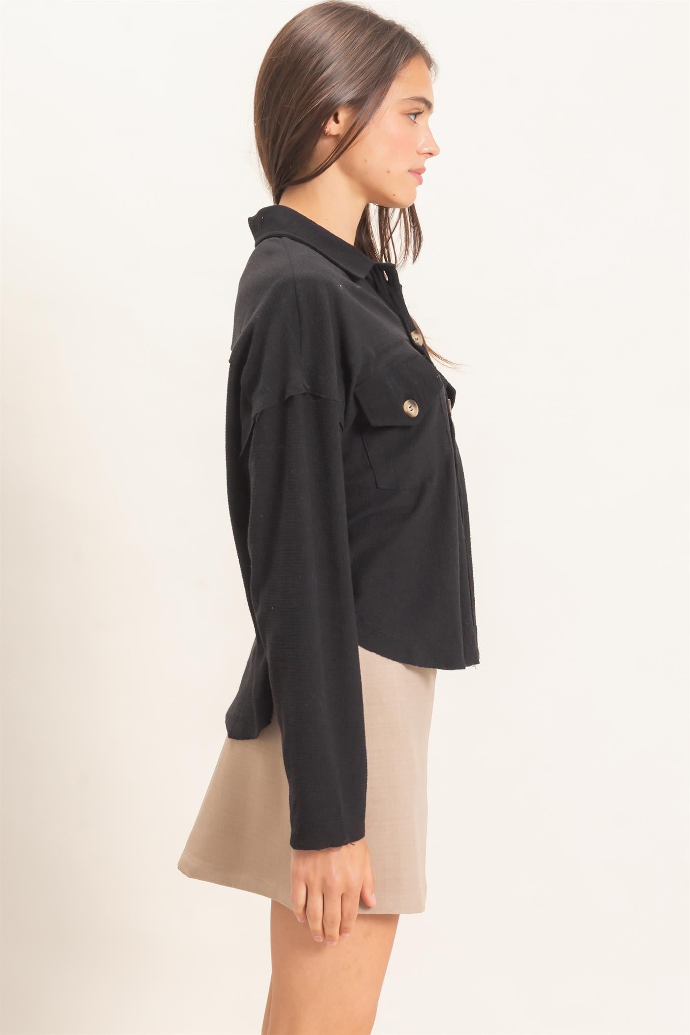 Wholesale Textured Button-Up Shirt Clothing Tops HF26C878 BLACK HYFVE