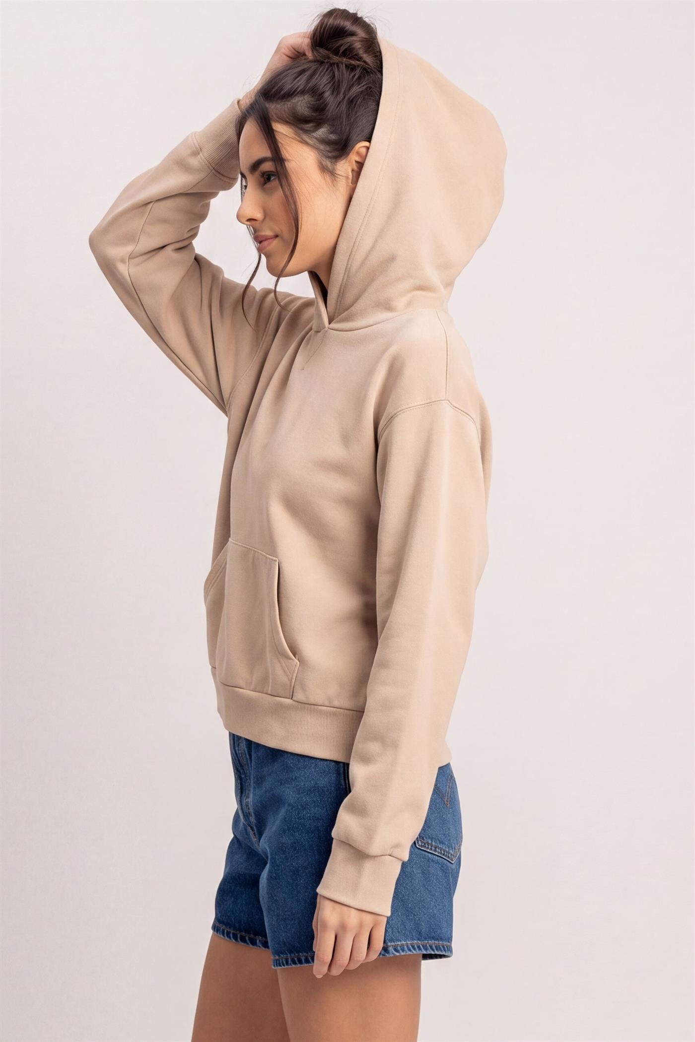 Wholesale Long Sleeve Hoodie With Kangaroo Pocket Hoodies DZ26F276 TAUPE DOUBLE ZERO