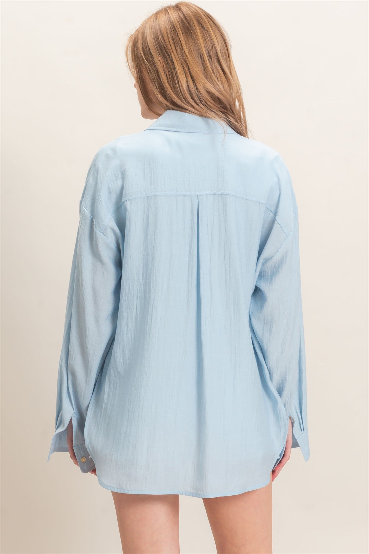 Wholesale Crinkled Button-Up Shirt Clothing Tops HF26E691 LIGHT BLUE HYFVE