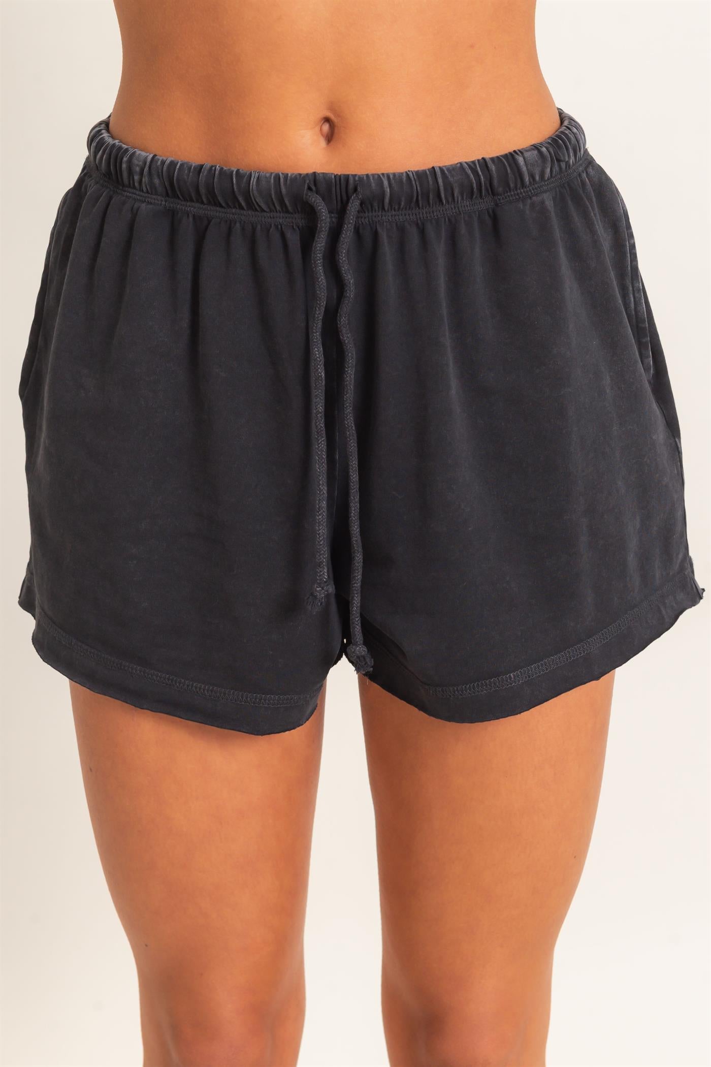 Wholesale Mineral Wash Long Sleeve Raw Edge Top & Shorts Set Clothing DZ26F403-SET BLACK DOUBLE ZERO