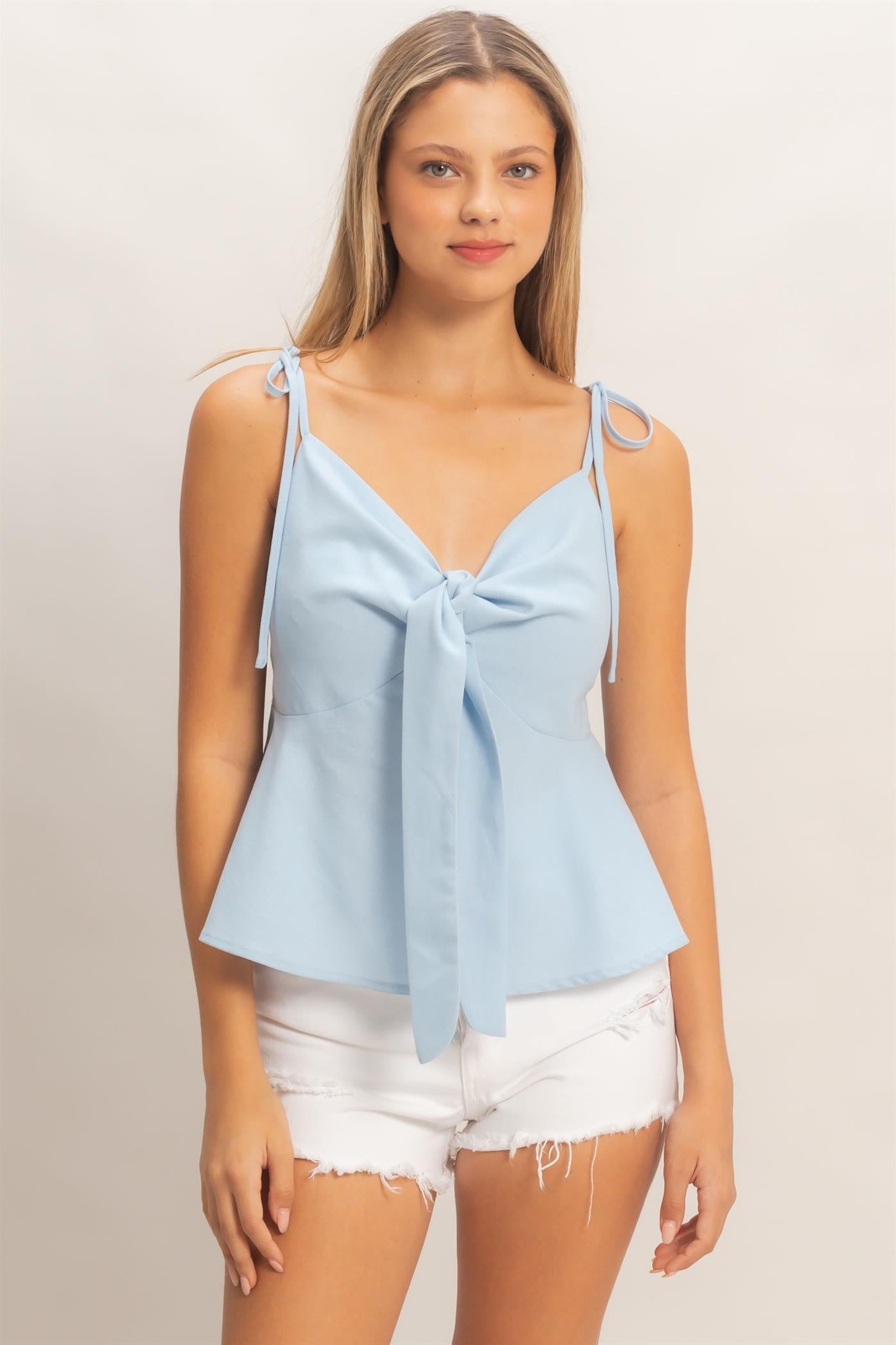 Wholesale Tie Front Spaghetti Strap Top Clothing Tops HF26A339 LIGHT BLUE HYFVE