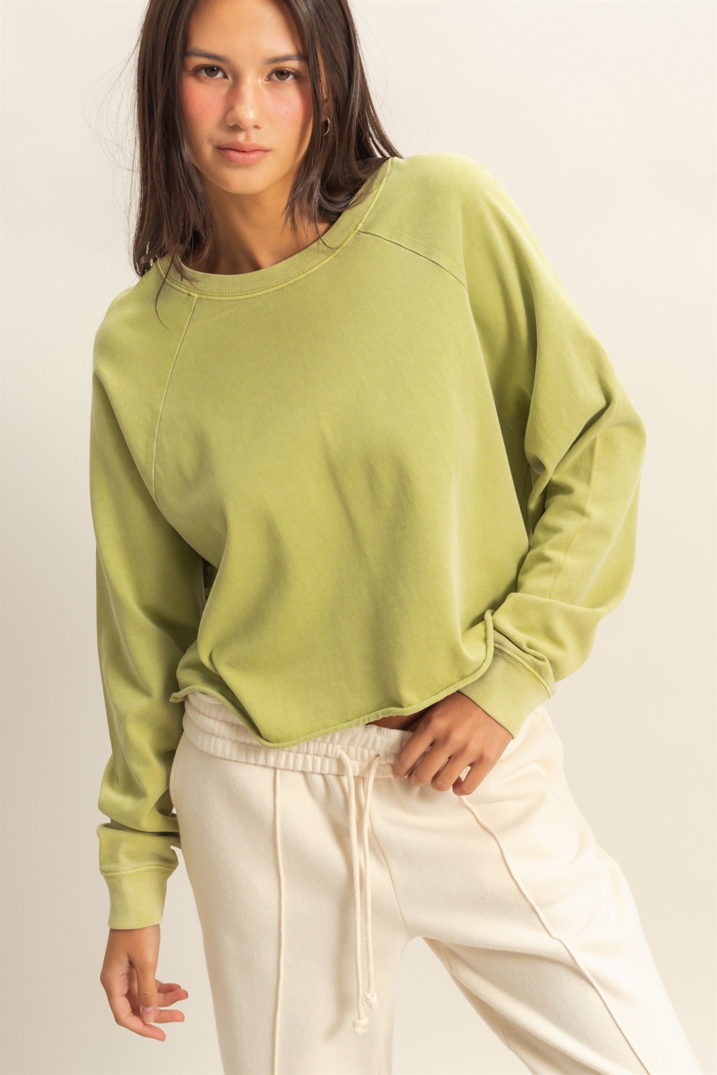 Wholesale Raglan Long Sleeve Top Clothing Tops DZ23G286 PALE OLIVE DOUBLE ZERO