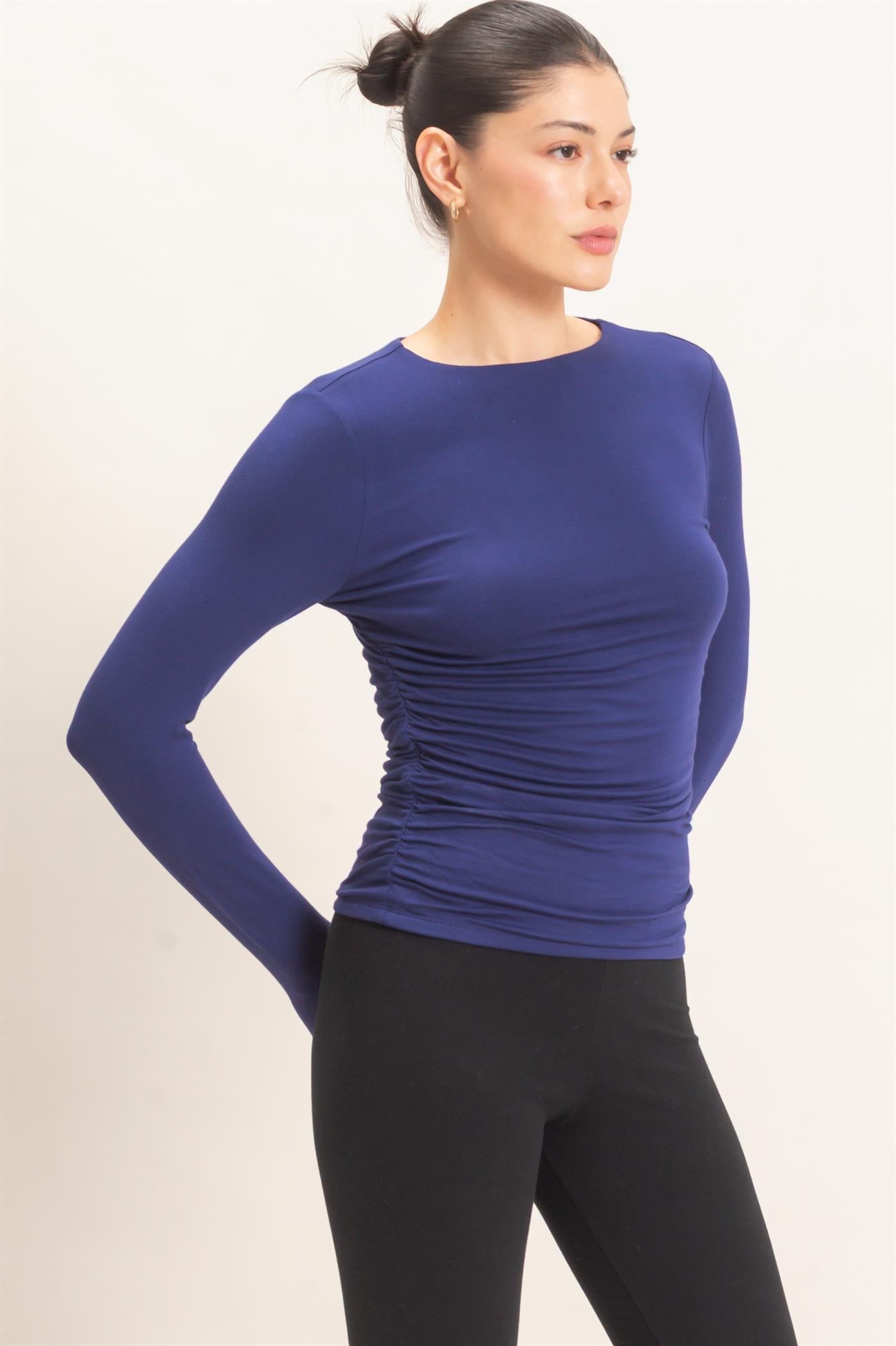 Wholesale Ruched Long Sleeve Top Clothing Tops HF26E776 DEEP BLUE HYFVE