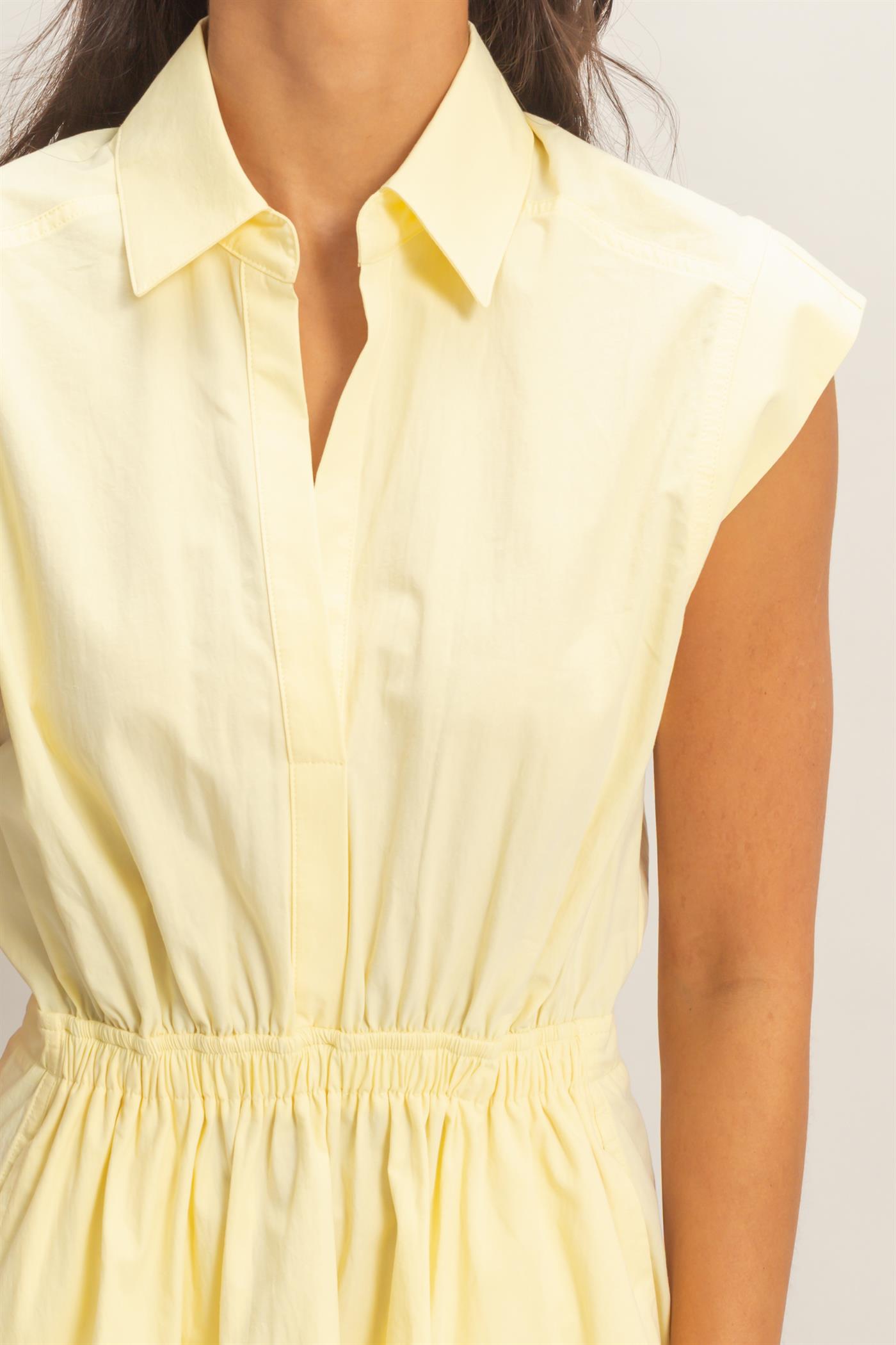 Wholesale Sleeveless Collared Shirred Mini Dress Dresses DZ26A751 PALE YELLOW DOUBLE ZERO