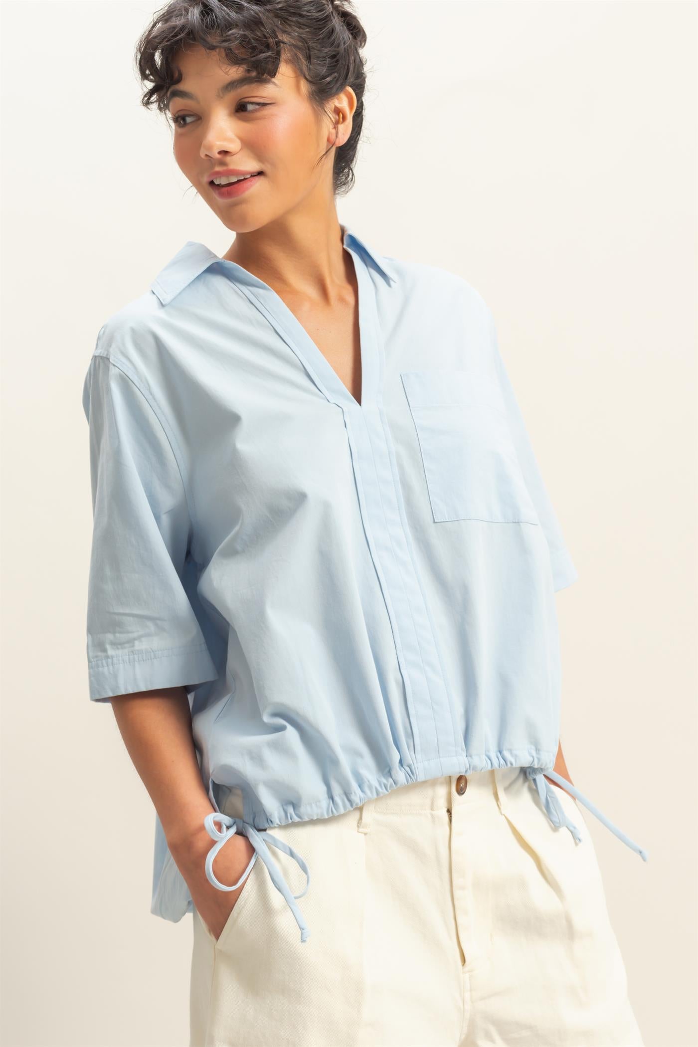 Wholesale Bubble Hem Relaxed Fit Shirt Polos DZ25E081 ICE BLUE DOUBLE ZERO