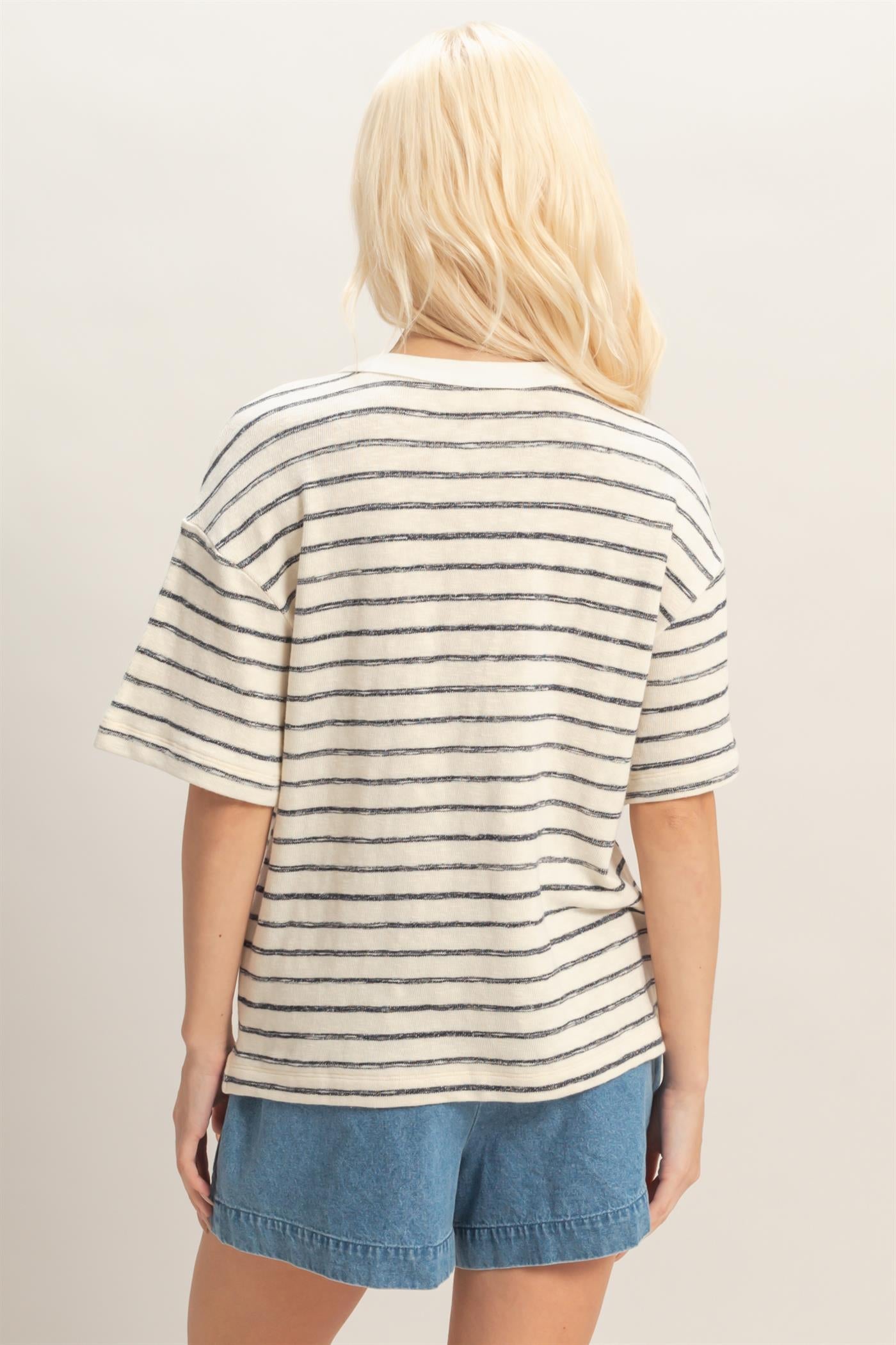 Wholesale Striped Short Sleeve Henley Top Clothing Tops DZ26A653 BLACK DOUBLE ZERO