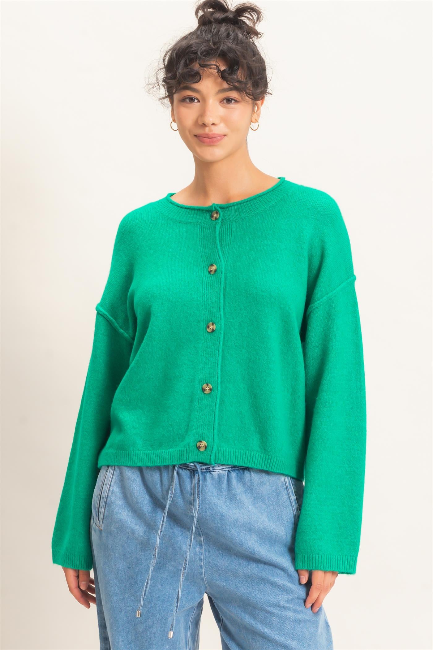 Wholesale Crew Neck Loose Fit Cardigan Cardigans DZ26E269 EMERALD DOUBLE ZERO